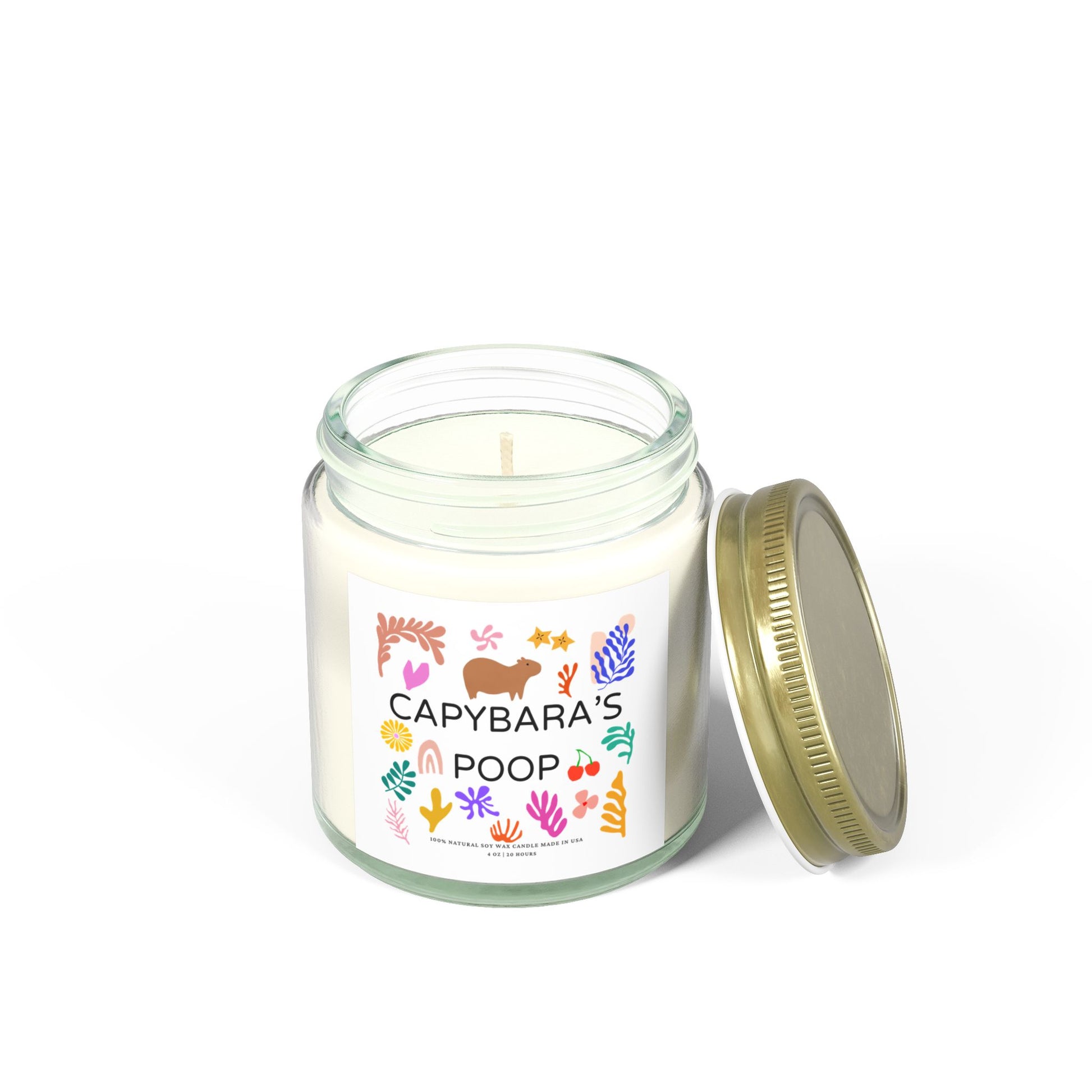 Funny candle gift with CAPYBARAS POOP label in Matisse style. Each candle is scented with Midnight Blackberry, Lavender, Fraser Fir, Cinnamon Chai, Cashmere Musk, Beachwood, Mango Coconut, and Vanilla Bean fragrances, offering up to 20 hours of burn time. Made with natural Coconut Apricot Wax in the USA, eco-friendly and non-toxic.