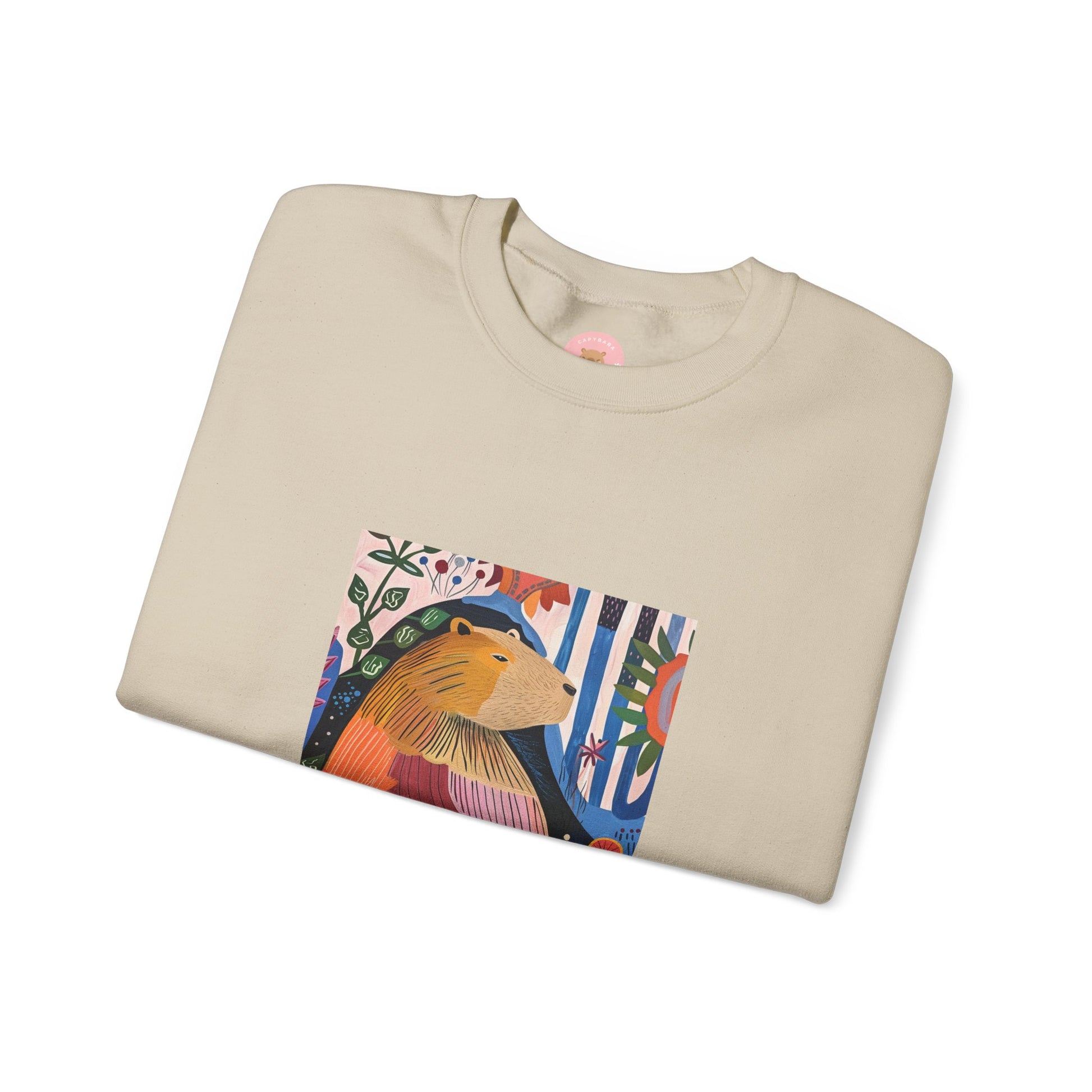 A cozy and stylish sweatshirt featuring a graphic of a painting inspired by artist Henri Matisse, with a capybara hidden within. Perfect for art lovers and capybara enthusiasts, this sweatshirt is ideal for colder months and provides a comfy fit with its classic crew neckline. Great for anyone looking to add a touch of artistic flair to their wardrobe.
