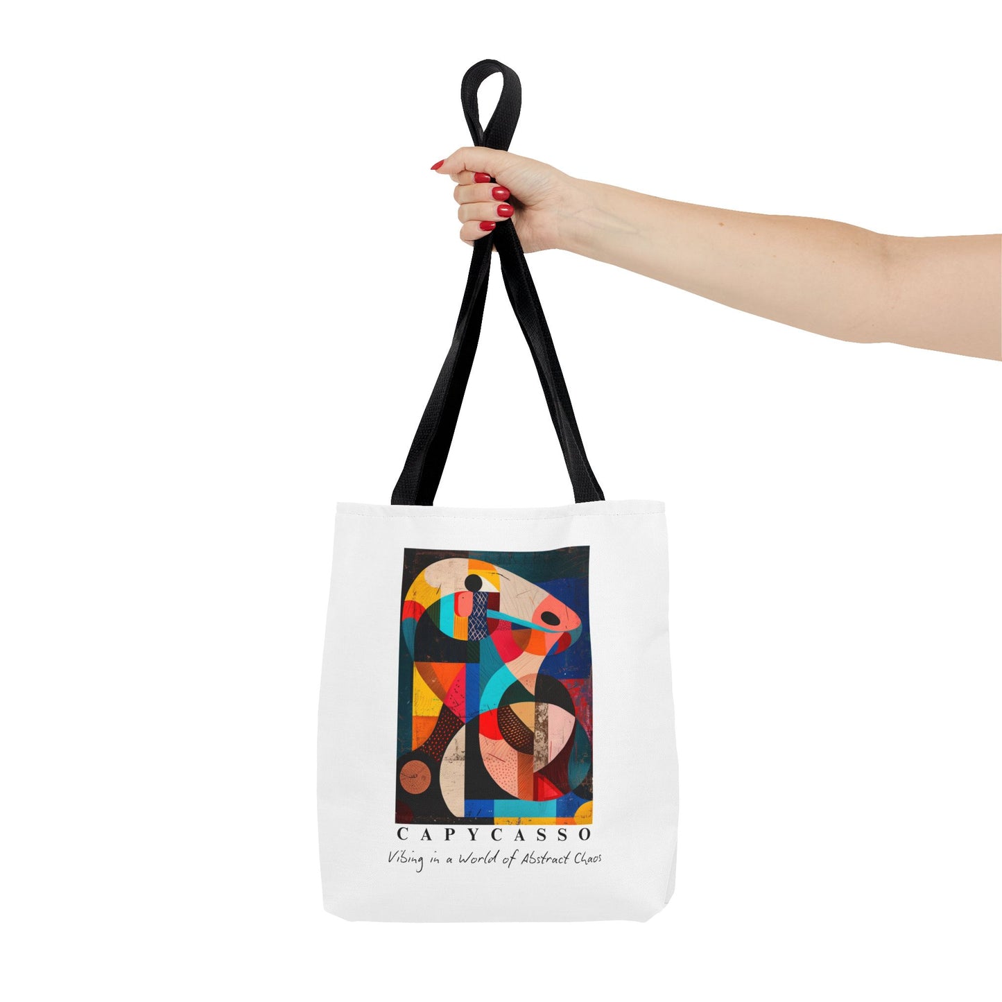 Capybara tote bag featuring a painting inspired by Pablo Picasso, with abstract forms and geometric shapes. 5 handle colours. Perfect for art lovers and capybara enthusiasts, this tote bag adds a touch of artistic flair to your everyday errands. Great for carrying books, groceries, or daily essentials. Ideal for art enthusiasts, animal lovers, and those looking to add a pop of creativity to their style. Perfect for gifting on birthdays, holidays, or as a treat for yourself.