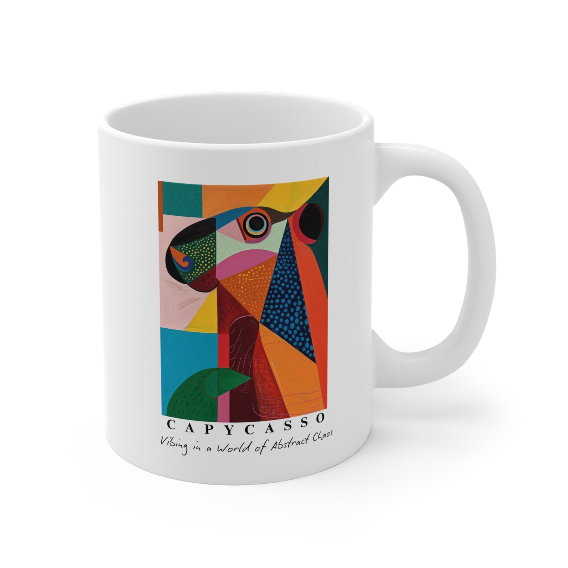 Capybara ceramic mug featuring a painting inspired by Pablo Picasso, with abstract forms and geometric shapes. Perfect for art lovers and capybara enthusiasts, creating a vibe of abstract chaos. Ideal for cozy mornings or artistic tea breaks. Relevant for art enthusiasts, animal lovers, and those who appreciate unique designs. Perfect for gifting on birthdays, Christmas, or as a thank you present.