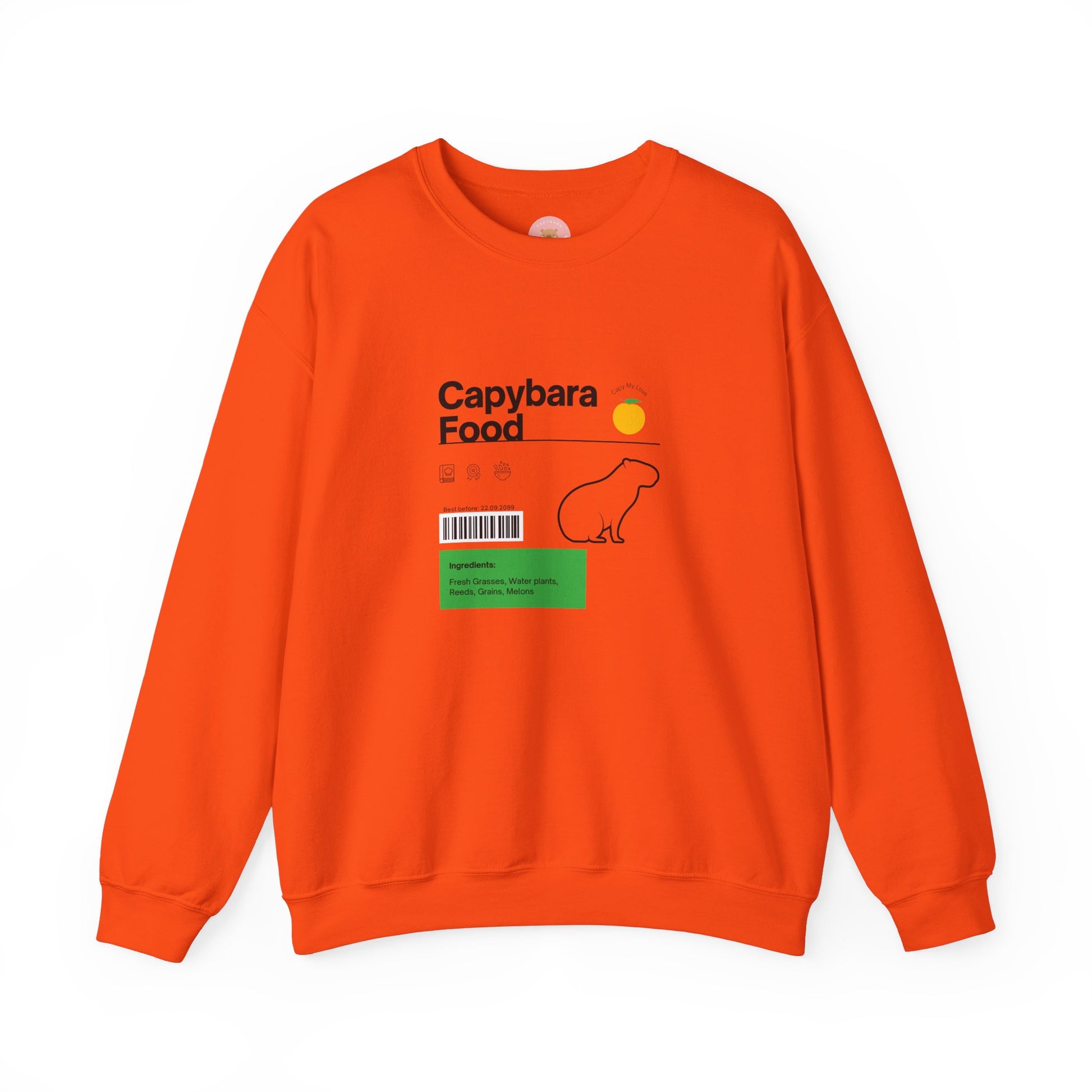 Capybara food label sweatshirt  featuring a capybara food label design with ingredients like fresh grasses, water plants, reeds, grains, and melon - perfect for capybara lovers.