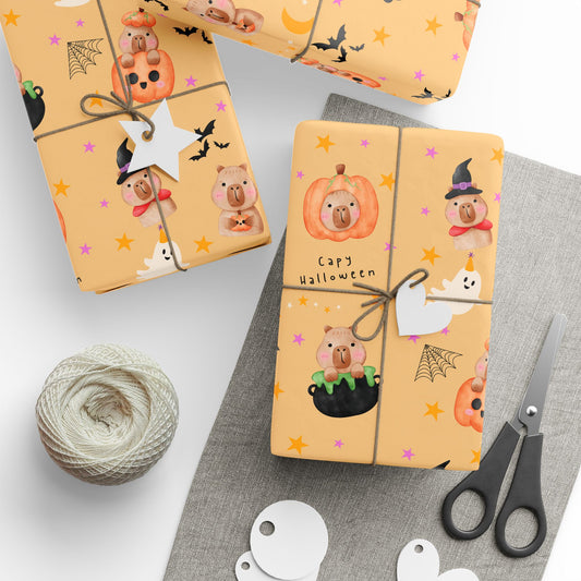 Halloween Capybara Gift Wrapping Paper, Spooky Season Wrap, Cute Pumpkin & Ghost Design, Fall Decorating, Party Supplies, Trick or Treat