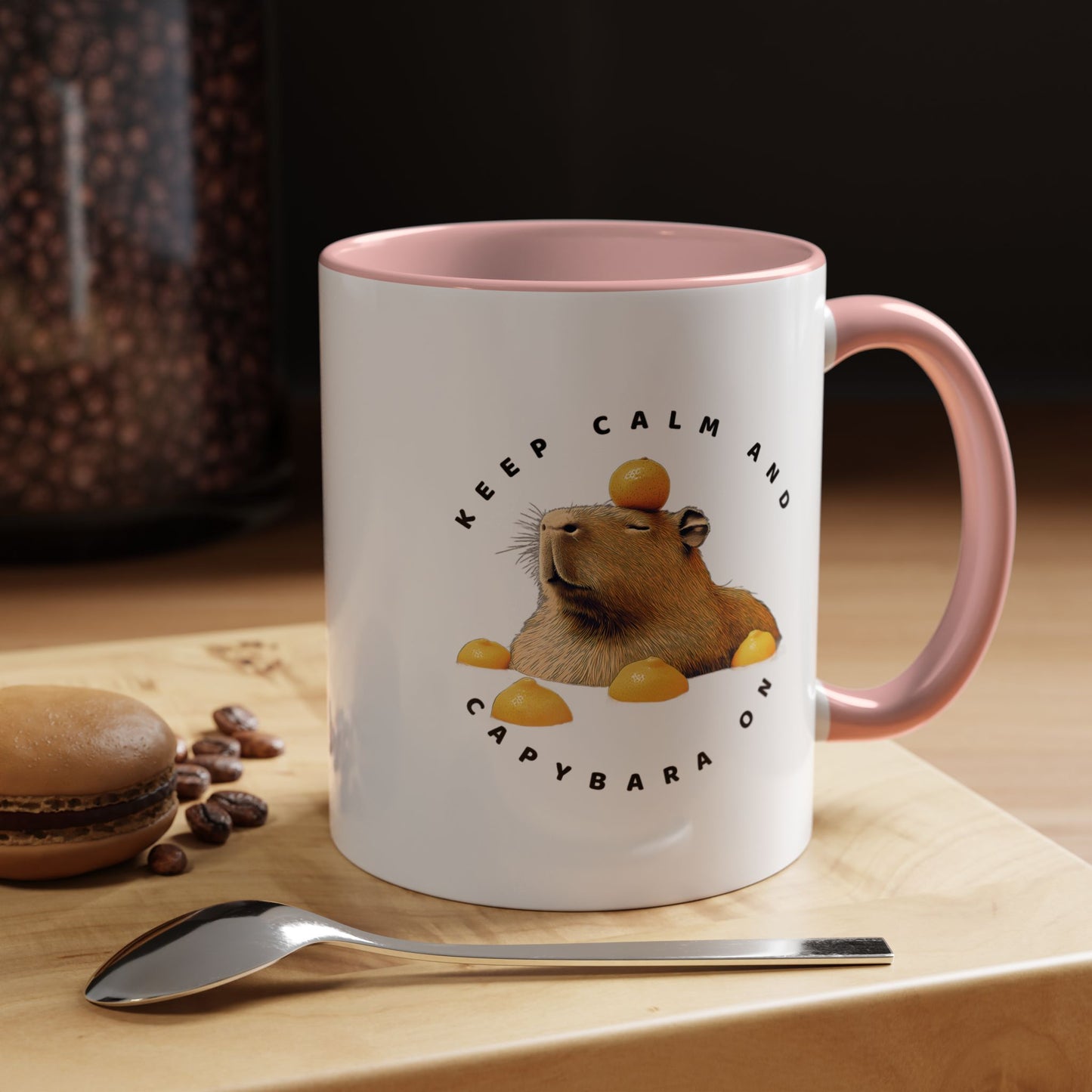 Keep Calm and Capybara On Mug. Featuring a leisurely capybara, this mug is the perfect addition to your coffee or tea routine. Ideal for animal enthusiasts and those looking for a touch of humor in their morning beverage. An excellent gift for Christmas, birthdays, or any special occasion, this mug is made of white ceramic, with a choice of 5 colorful interiors and handles. It also boasts a c-shaped handle, glossy finish, and eye-catching color contrast, while being 