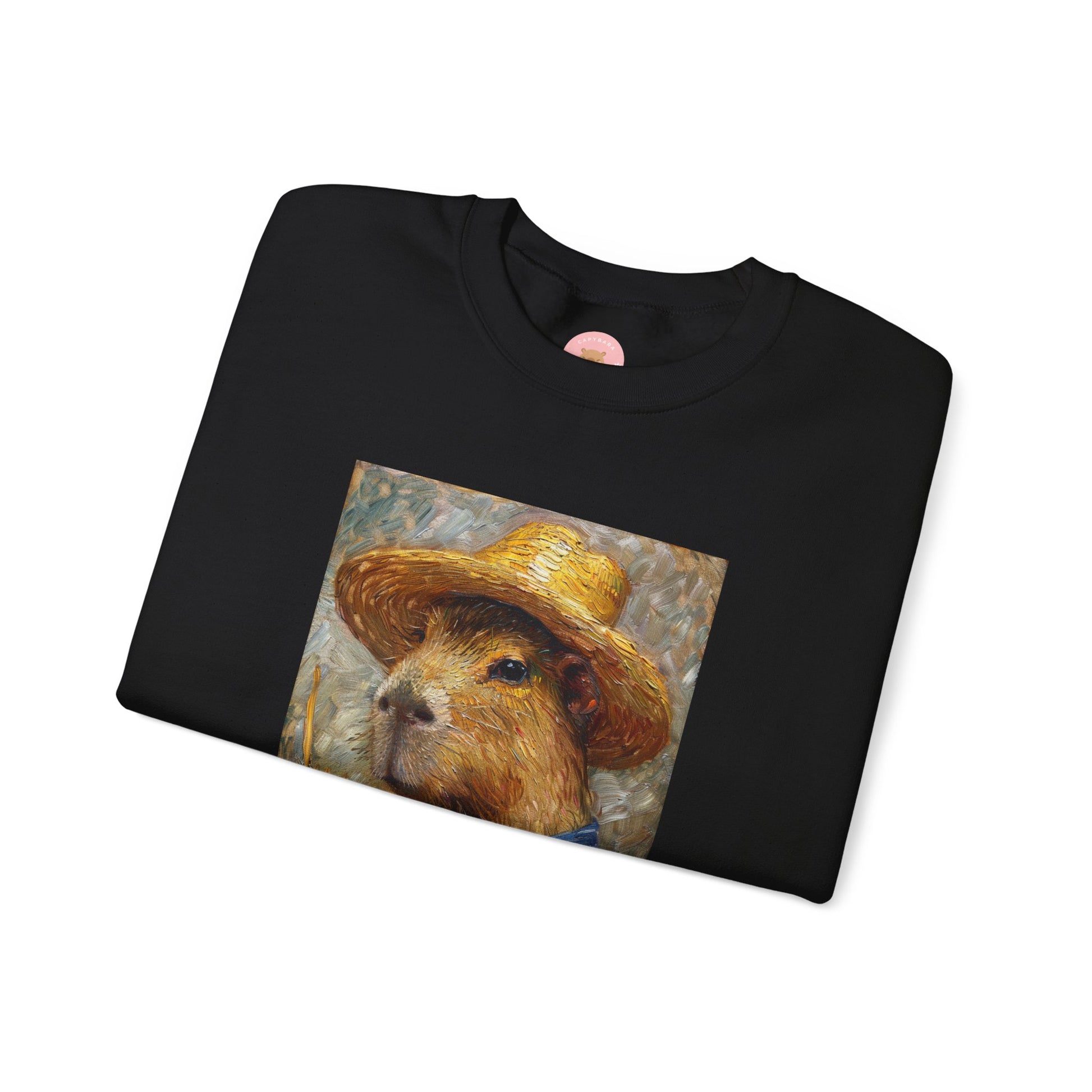 Capy de Van Gogh Capybara sweatshirt features a painting inspired by Van Gogh's Self-Portrait with Straw Hat. It's a fun twist for capybara lovers and art enthusiasts, giving off a whimsical and artistic vibe. Perfect for those who appreciate unique and creative designs, this sweatshirt is relevant for art lovers, animal enthusiasts, and those looking for a quirky addition to their wardrobe. Ideal for gifting during birthdays, Christmas, or any special occasion.