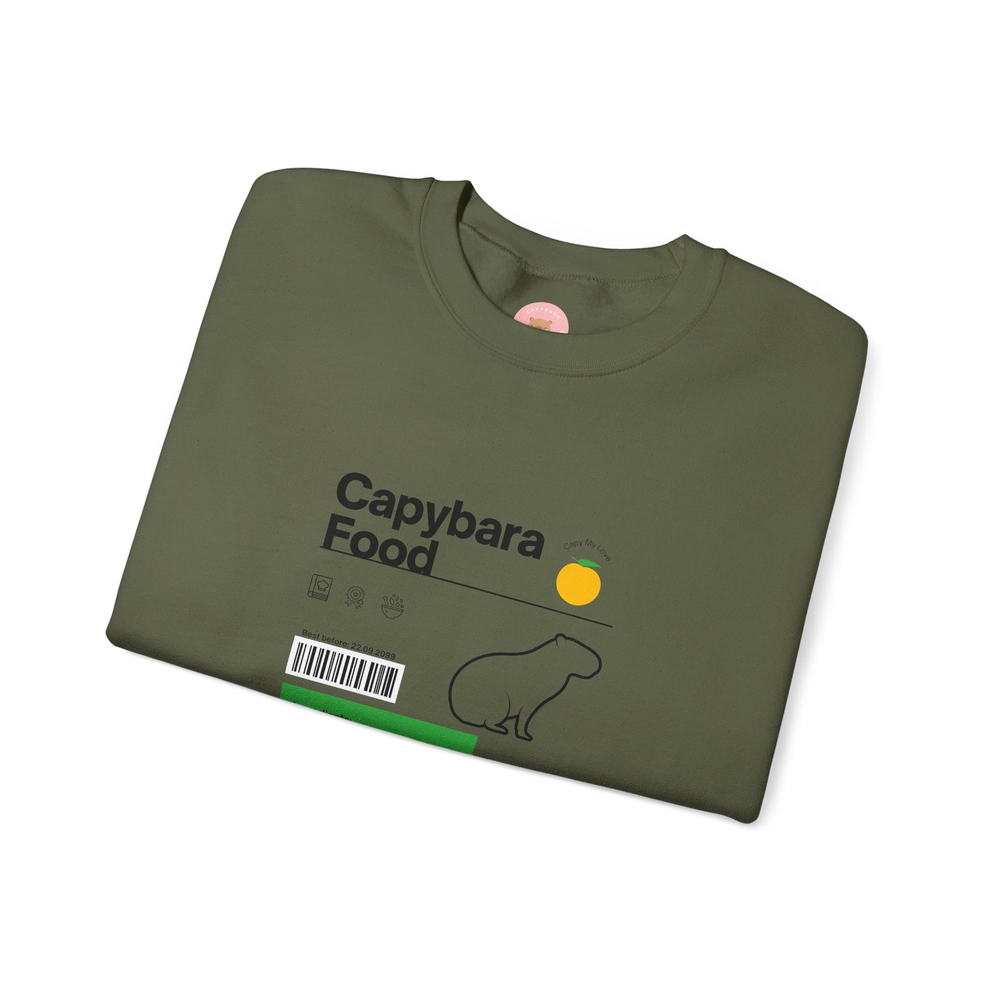 Capybara food label sweatshirt  featuring a capybara food label design with ingredients like fresh grasses, water plants, reeds, grains, and melon - perfect for capybara lovers.