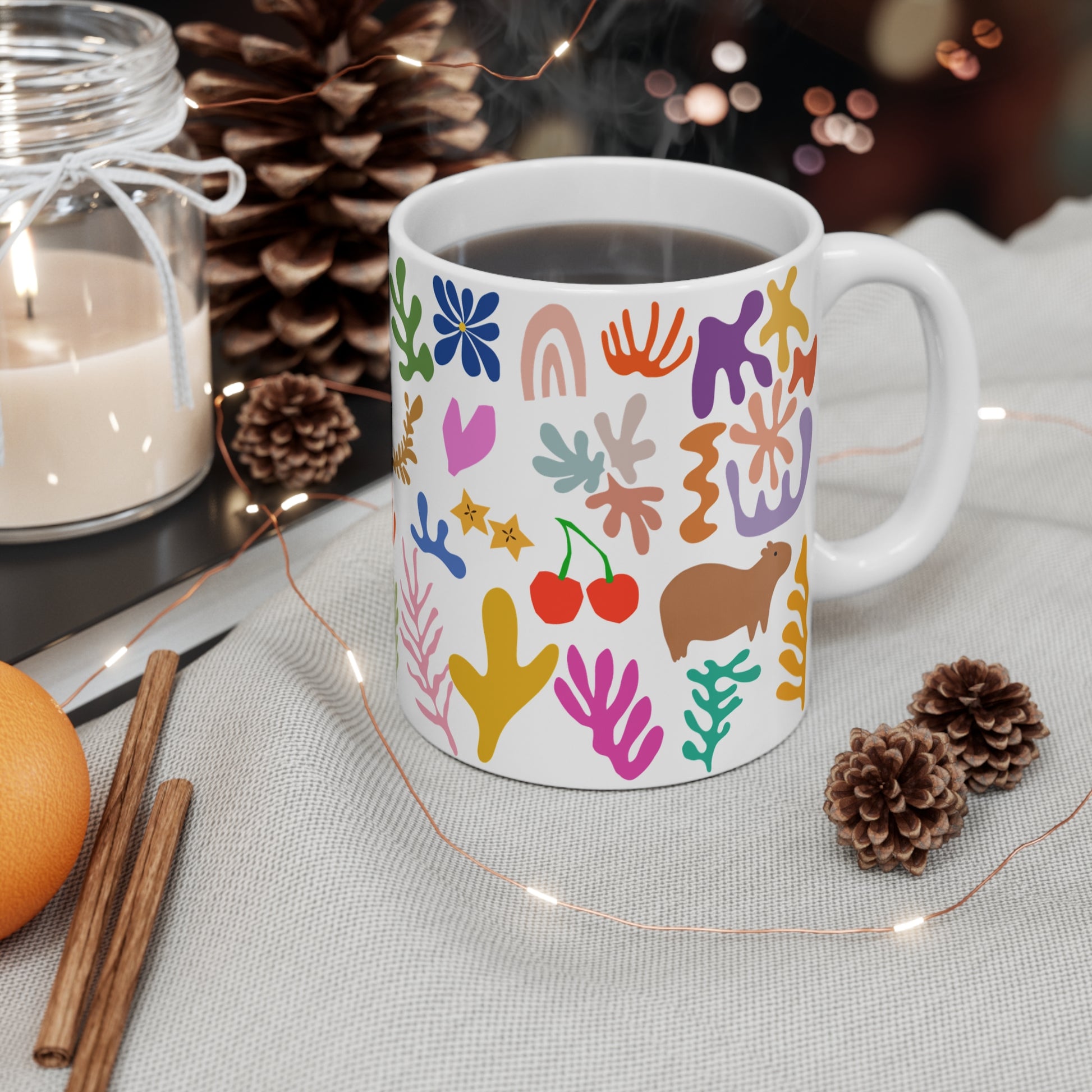 Capybara mug featuring a painting inspired by artist Henri Matisse, with a hidden capybara. Perfect for art lovers and capybara enthusiasts, creating a vibe of abstract chaos. Ideal for cozy mornings or artistic tea breaks. Relevant for art enthusiasts, animal lovers, and those who appreciate unique designs. Perfect for gifting on birthdays, Christmas, or as a thank you present.