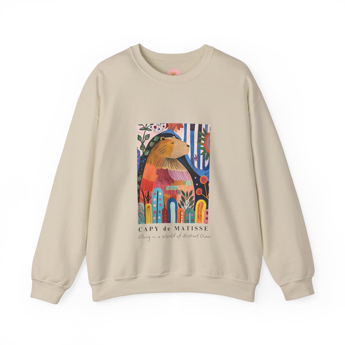 A cozy and stylish sweatshirt featuring a graphic of a painting inspired by artist Henri Matisse, with a capybara hidden within. Perfect for art lovers and capybara enthusiasts, this sweatshirt is ideal for colder months and provides a comfy fit with its classic crew neckline. Great for anyone looking to add a touch of artistic flair to their wardrobe.
