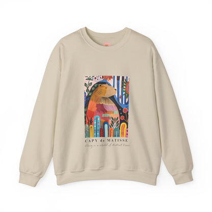 A cozy and stylish sweatshirt featuring a graphic of a painting inspired by artist Henri Matisse, with a capybara hidden within. Perfect for art lovers and capybara enthusiasts, this sweatshirt is ideal for colder months and provides a comfy fit with its classic crew neckline. Great for anyone looking to add a touch of artistic flair to their wardrobe.
