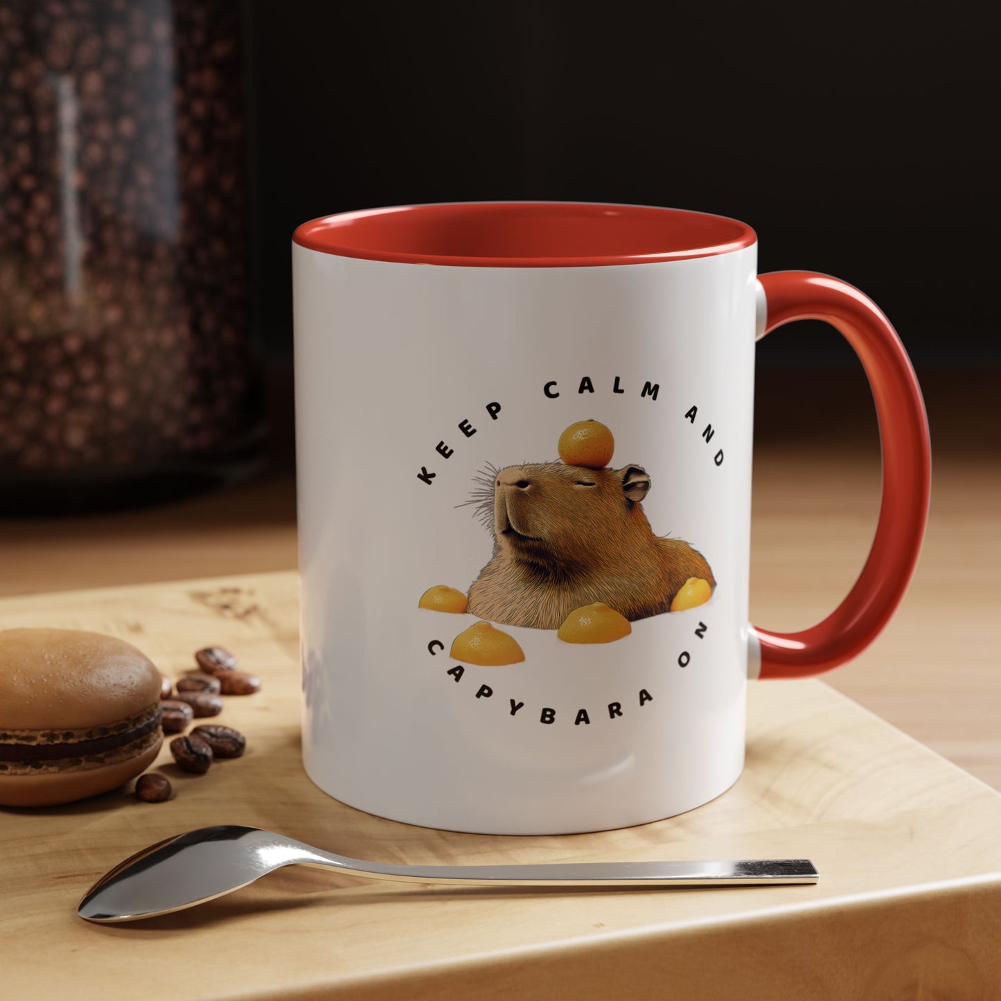 Keep Calm and Capybara On Mug. Featuring a leisurely capybara, this mug is the perfect addition to your coffee or tea routine. Ideal for animal enthusiasts and those looking for a touch of humor in their morning beverage. An excellent gift for Christmas, birthdays, or any special occasion, this mug is made of white ceramic, with a choice of 5 colorful interiors and handles. It also boasts a c-shaped handle, glossy finish, and eye-catching color contrast, while being 
