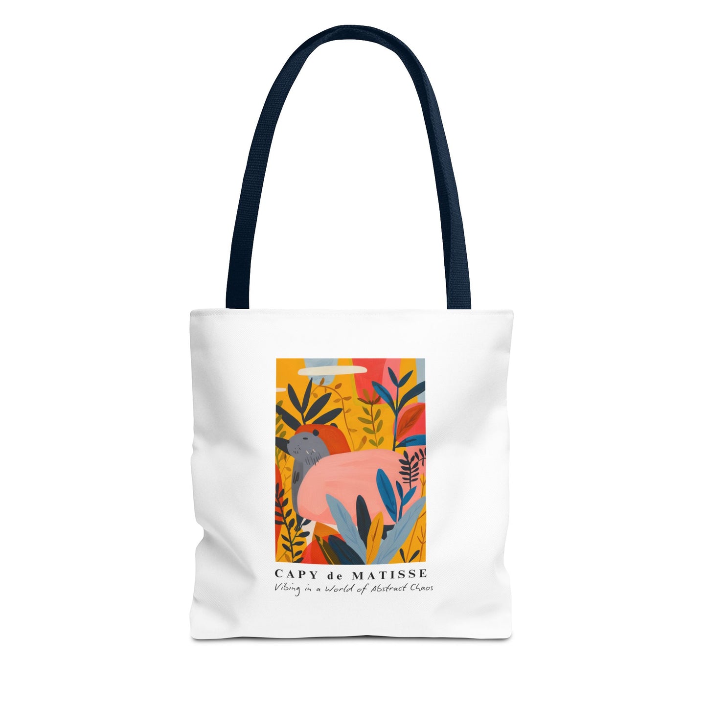 Capybara tote bag featuring a graphic of a painting inspired by artist Henri Matisse. Perfect for art lovers and capybara enthusiasts, this tote bag adds a touch of artistic flair to your everyday errands. Great for carrying books, groceries, or daily essentials. Ideal for art enthusiasts, animal lovers, and those looking to add a pop of creativity to their style. Perfect for gifting on birthdays, holidays, or as a treat for yourself.