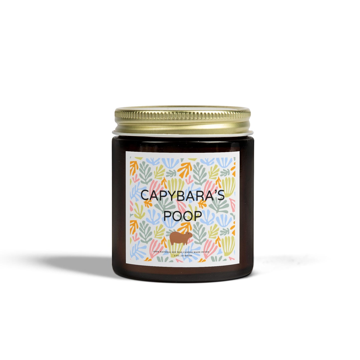 Funny candle gift with CAPYBARAS POOP label in Matisse style. Each candle is scented with Midnight Blackberry, Lavender, Fraser Fir, Cinnamon Chai, Cashmere Musk, Beachwood, Mango Coconut, and Vanilla Bean fragrances, offering up to 20 hours of burn time. Made with natural Coconut Apricot Wax in the USA, eco-friendly and non-toxic.