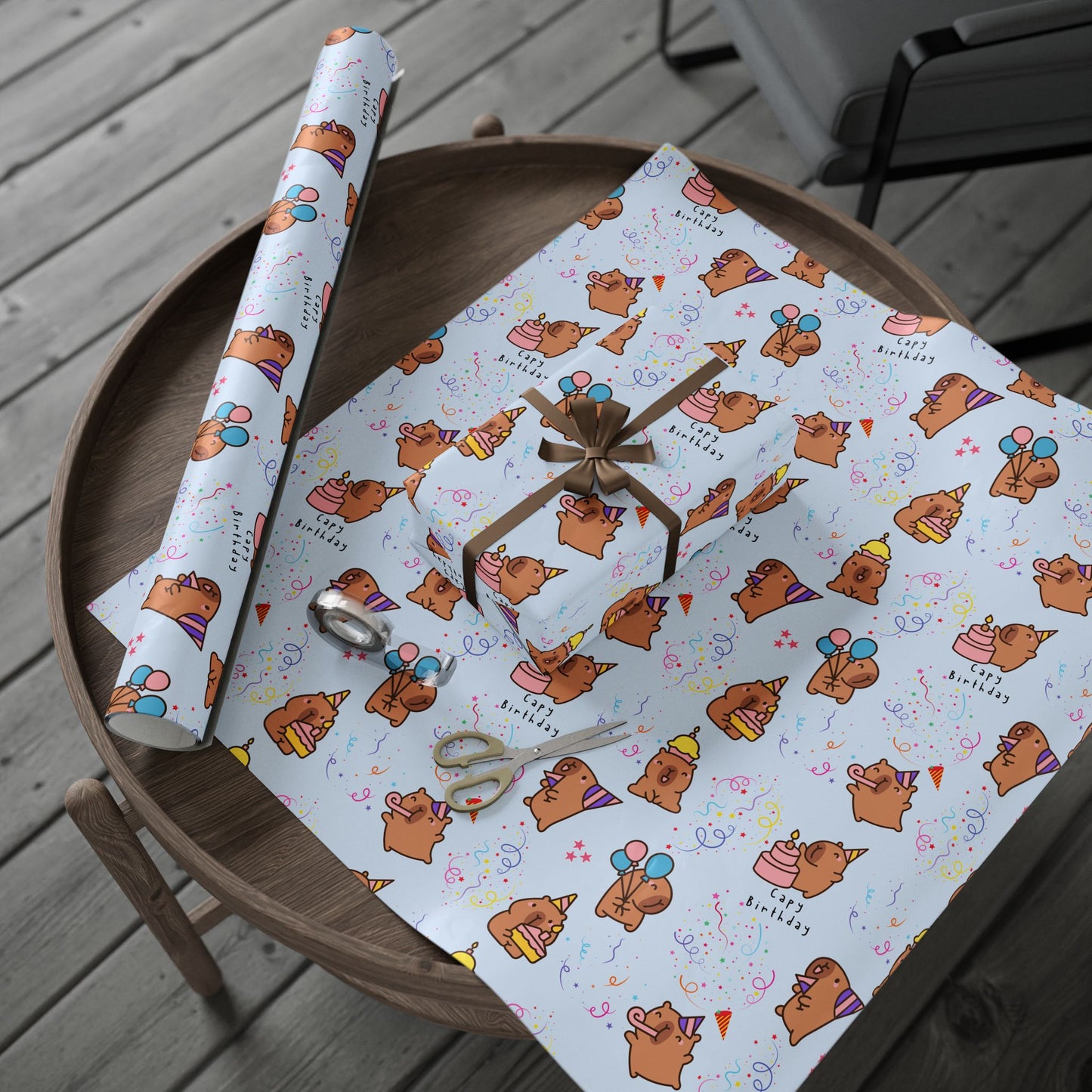 Capybara Birthday Gift Wrapping Paper (Light Blue)