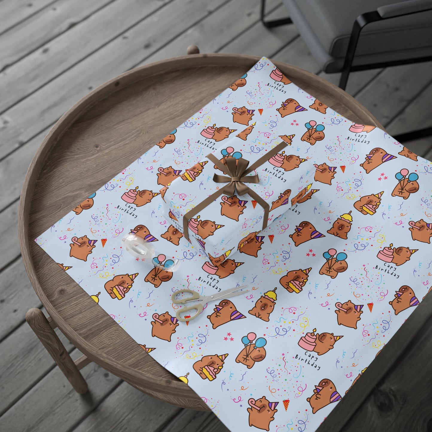 Capybara Birthday Gift Wrapping Paper (Light Blue)