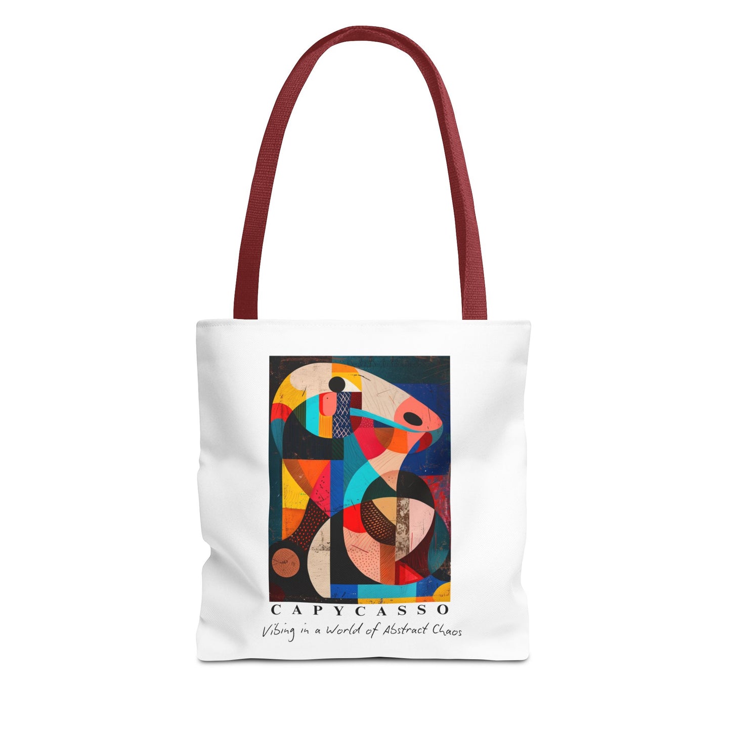 Capybara tote bag featuring a painting inspired by Pablo Picasso, with abstract forms and geometric shapes. 5 handle colours. Perfect for art lovers and capybara enthusiasts, this tote bag adds a touch of artistic flair to your everyday errands. Great for carrying books, groceries, or daily essentials. Ideal for art enthusiasts, animal lovers, and those looking to add a pop of creativity to their style. Perfect for gifting on birthdays, holidays, or as a treat for yourself.