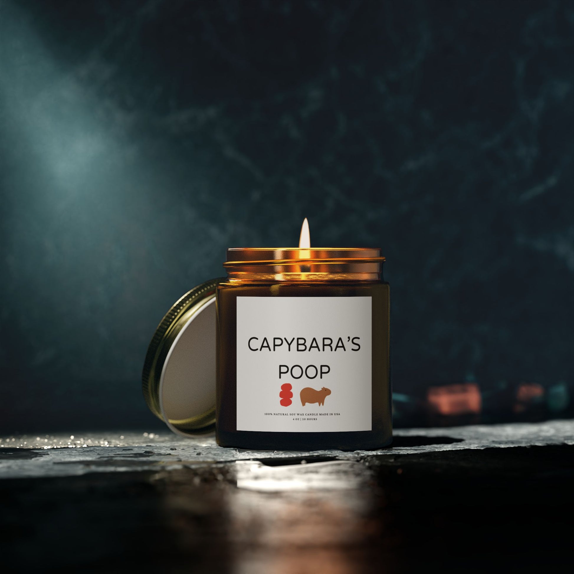 Funny candle gift with CAPYBARAS POOP label in simple style. Each candle is scented with Midnight Blackberry, Lavender, Fraser Fir, Cinnamon Chai, Cashmere Musk, Beachwood, Mango Coconut, and Vanilla Bean fragrances, offering up to 20 hours of burn time. Made with natural Coconut Apricot Wax in the USA, eco-friendly and non-toxic.