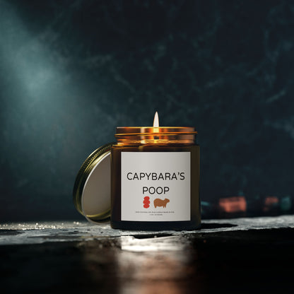 Funny candle gift with CAPYBARAS POOP label in simple style. Each candle is scented with Midnight Blackberry, Lavender, Fraser Fir, Cinnamon Chai, Cashmere Musk, Beachwood, Mango Coconut, and Vanilla Bean fragrances, offering up to 20 hours of burn time. Made with natural Coconut Apricot Wax in the USA, eco-friendly and non-toxic.