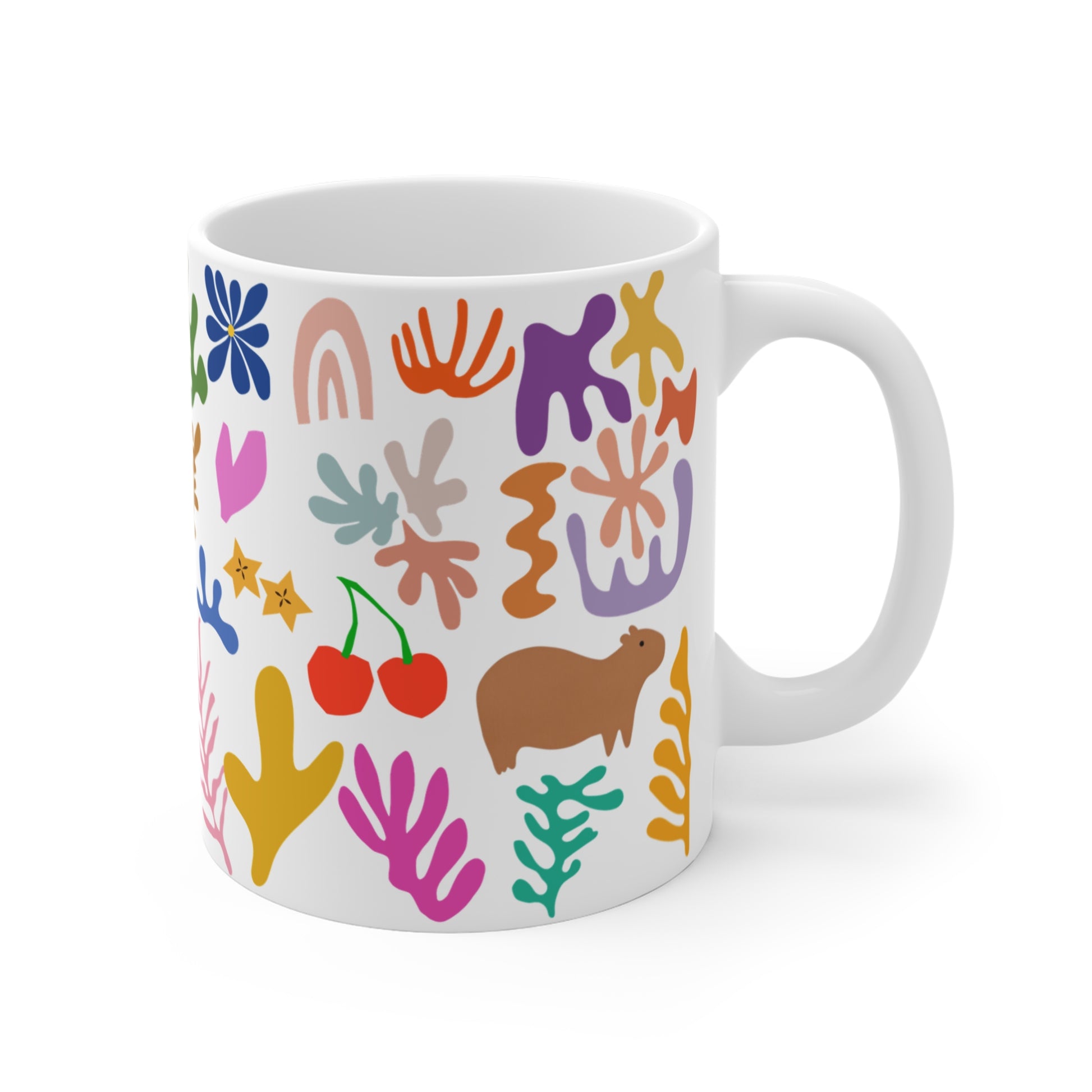 Capybara mug featuring a painting inspired by artist Henri Matisse, with a hidden capybara. Perfect for art lovers and capybara enthusiasts, creating a vibe of abstract chaos. Ideal for cozy mornings or artistic tea breaks. Relevant for art enthusiasts, animal lovers, and those who appreciate unique designs. Perfect for gifting on birthdays, Christmas, or as a thank you present.