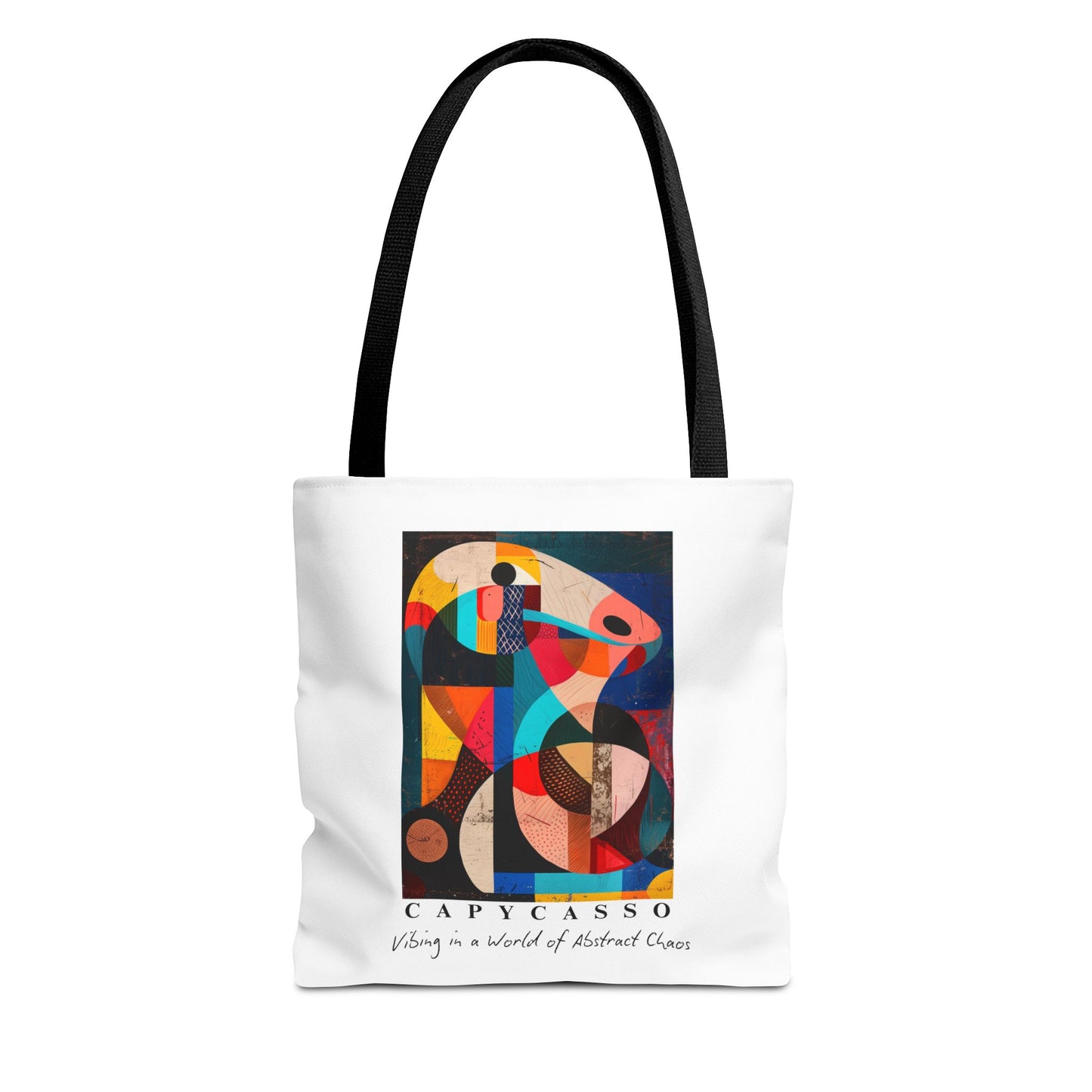 Capybara tote bag featuring a painting inspired by Pablo Picasso, with abstract forms and geometric shapes. 5 handle colours. Perfect for art lovers and capybara enthusiasts, this tote bag adds a touch of artistic flair to your everyday errands. Great for carrying books, groceries, or daily essentials. Ideal for art enthusiasts, animal lovers, and those looking to add a pop of creativity to their style. Perfect for gifting on birthdays, holidays, or as a treat for yourself.