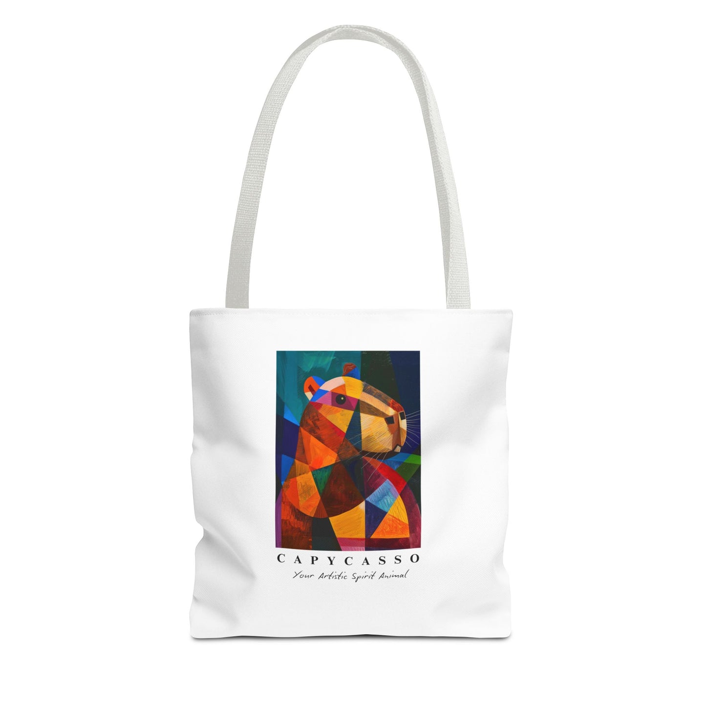 Capybara tote bag featuring a painting inspired by Pablo Picasso, with abstract forms and geometric shapes. 5 handle colours. Perfect for art lovers and capybara enthusiasts, this tote bag adds a touch of artistic flair to your everyday errands. Great for carrying books, groceries, or daily essentials. Ideal for art enthusiasts, animal lovers, and those looking to add a pop of creativity to their style. Perfect for gifting on birthdays, holidays, or as a treat for yourself.