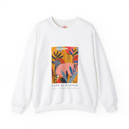 Capybara sweatshirt features a painting inspired by Henri Matisse with a funny twist, perfect for capybara lovers and art enthusiasts. It offers a cozy and comfortable fit, making it ideal for colder months. The medium-heavy fabric blend of cotton and polyester ensures durability and warmth. Great for snuggling up at home or showcasing your unique style.