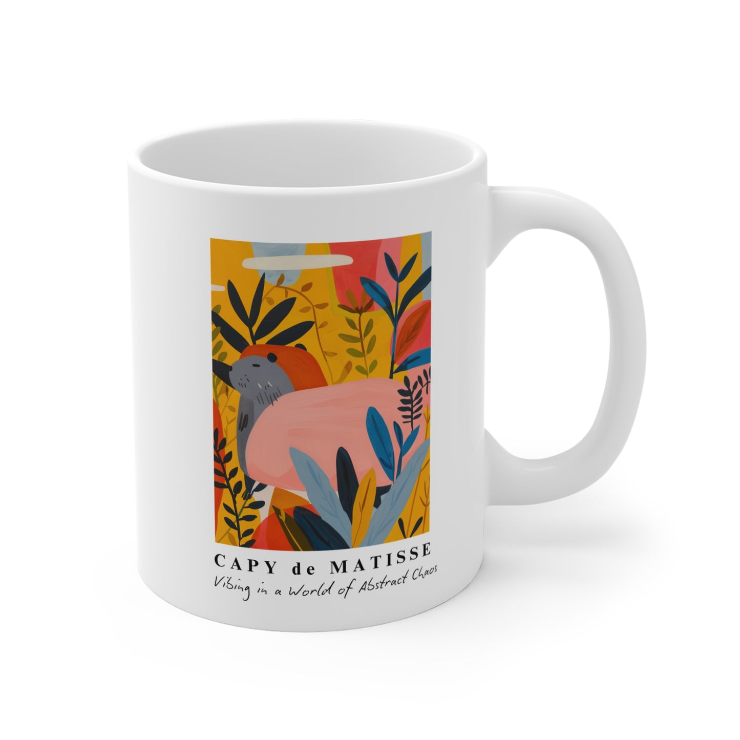 Capybara ceramic mug featuring a painting inspired by artist Henri Matisse, with a hidden capybara. Perfect for art lovers and capybara enthusiasts, creating a vibe of abstract chaos. Ideal for cozy mornings or artistic tea breaks. Relevant for art enthusiasts, animal lovers, and those who appreciate unique designs. Perfect for gifting on birthdays, Christmas, or as a thank you present.