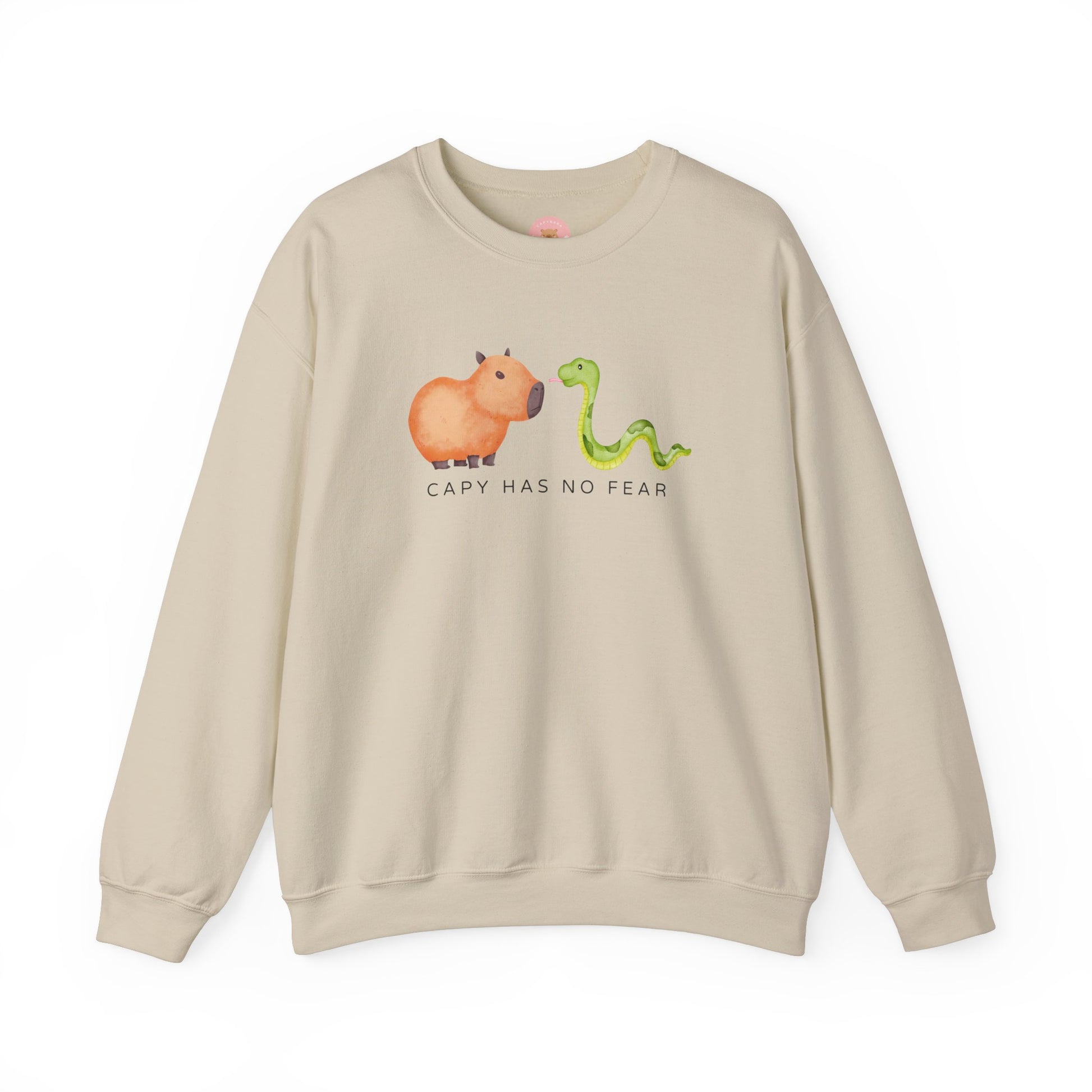 CNY Capybara clothes, Year of the Snake in style with our 'Capy has no fear' Crewneck Sweatshirt! Featuring a bold graphic of a fearless capybara facing a snake, this design is a humorous and symbolic nod to the Chinese New Year. Show off your courage and charm while staying cozy—perfect for family gatherings and festive celebrations!