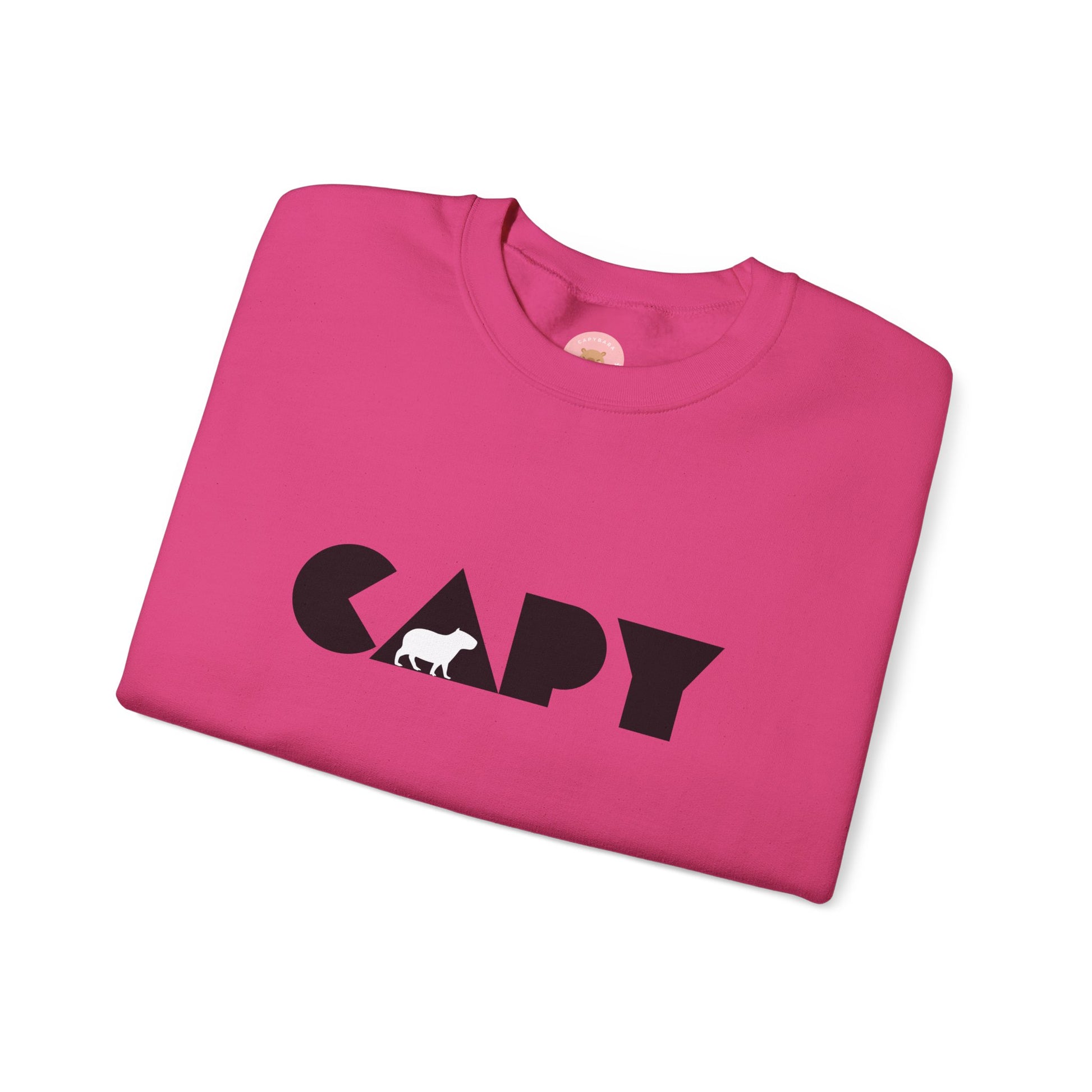 Capybara sweatshirt features the stylish plain text design of the word CAPY with a capybara graphic embedded. It offers a comfy wearing experience with a classic fit and crew neckline. Perfect for colder months, this sweatshirt is ideal for those who love unique and chill designs. The target audience includes individuals who enjoy cozy apparel with a touch of personality. Relevant for holidays, casual gatherings, and everyday wear.