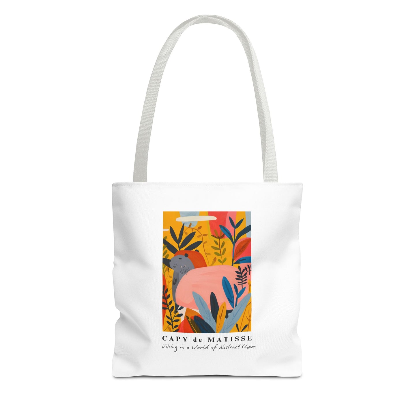 Capybara tote bag featuring a graphic of a painting inspired by artist Henri Matisse. Perfect for art lovers and capybara enthusiasts, this tote bag adds a touch of artistic flair to your everyday errands. Great for carrying books, groceries, or daily essentials. Ideal for art enthusiasts, animal lovers, and those looking to add a pop of creativity to their style. Perfect for gifting on birthdays, holidays, or as a treat for yourself.