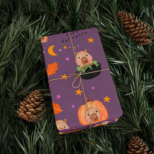 Halloween Capybara Gift Wrapping Paper, Spooky Season Wrap, Cute Pumpkin & Ghost Design, Fall Decorating, Party Supplies, Trick or Treat