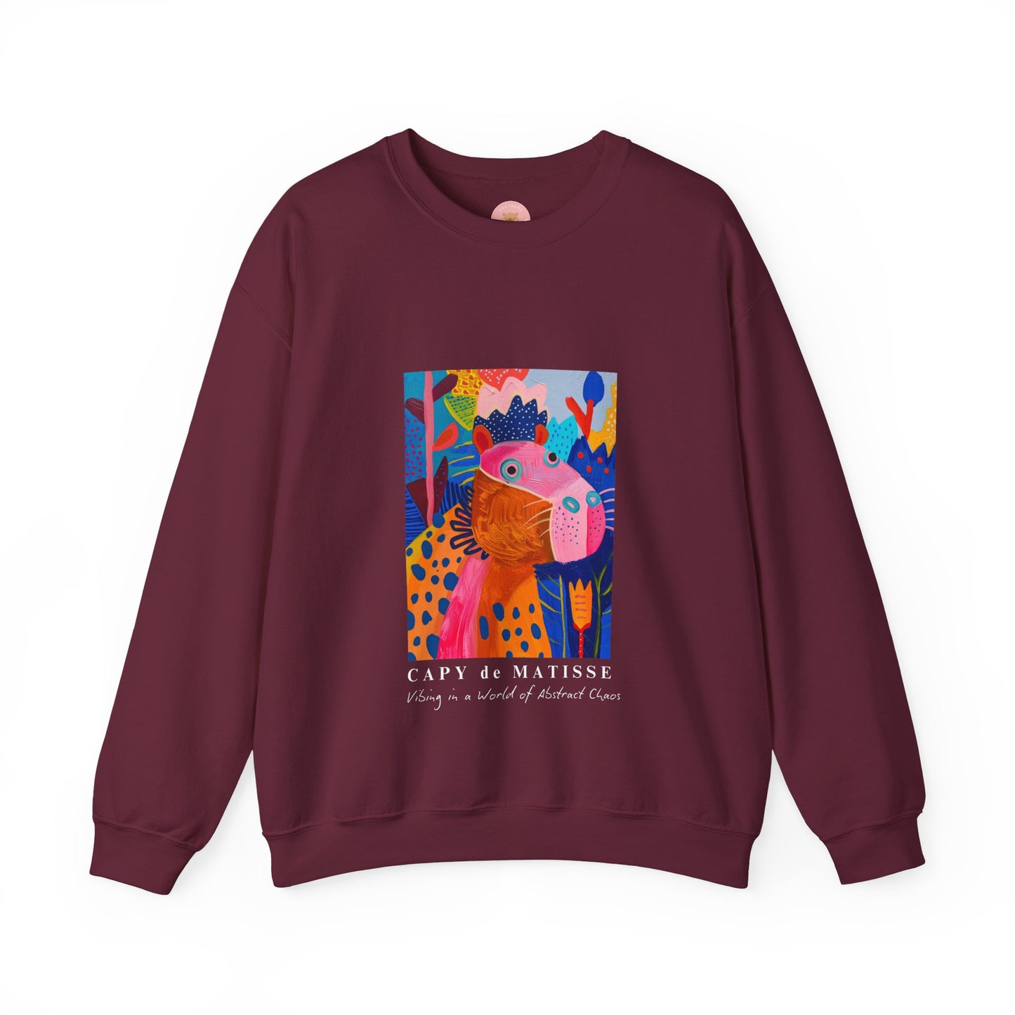 Marron Capybara sweatshirt features a painting inspired by Henri Matisse with a silly capybara embedded inside, perfect for capybara lovers and art enthusiasts. It offers a cozy and comfortable fit, making it ideal for colder months. The medium-heavy fabric blend of cotton and polyester ensures durability and warmth. Great for snuggling up at home or showcasing your unique style.