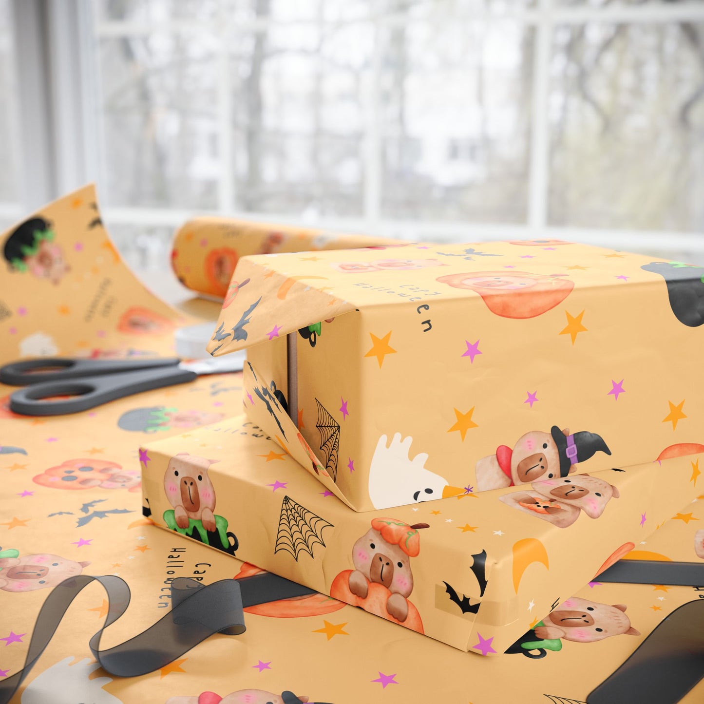 Halloween Capybara Gift Wrapping Paper, Spooky Season Wrap, Cute Pumpkin & Ghost Design, Fall Decorating, Party Supplies, Trick or Treat