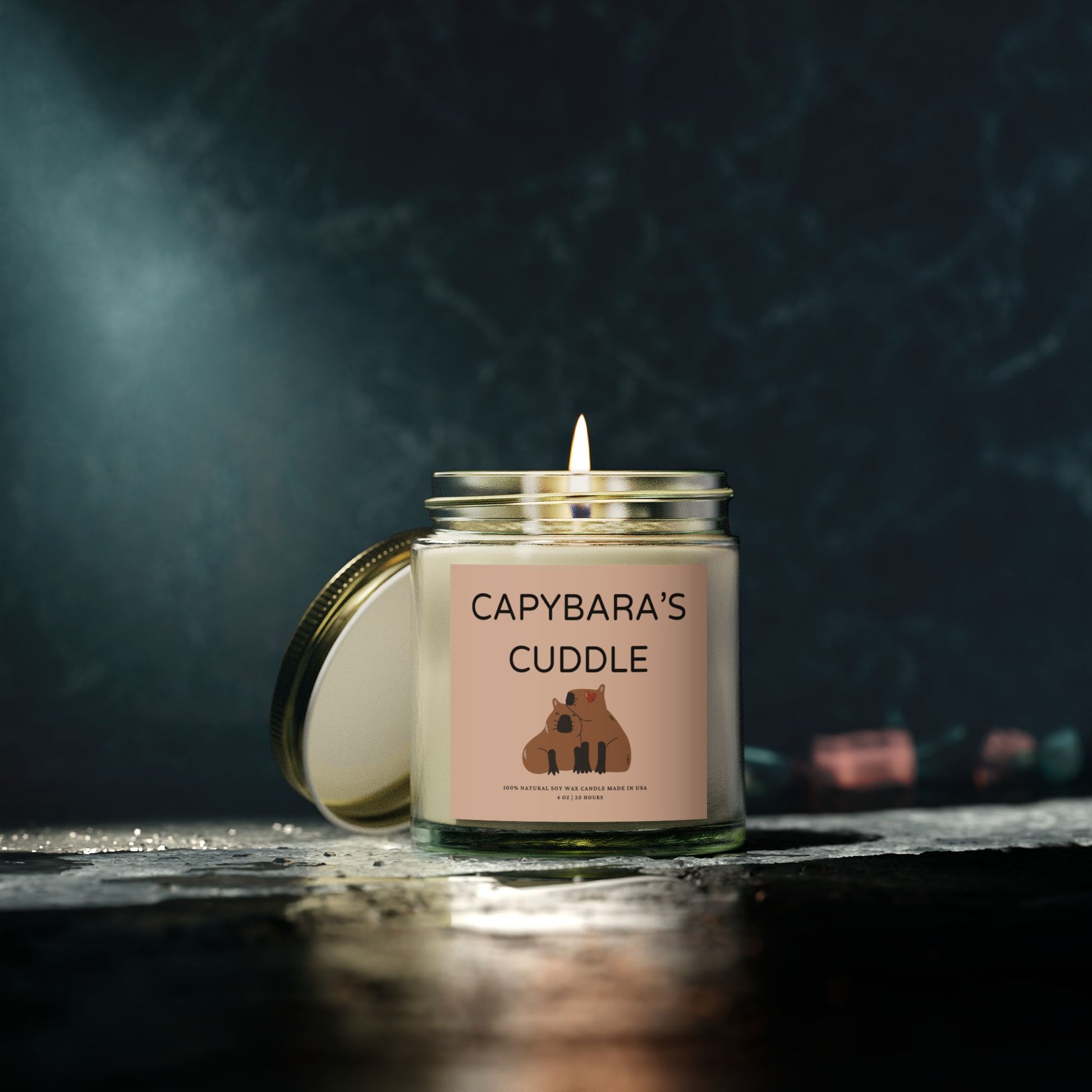 CAPYBARA'S CUDDLE scented candle with 9 scents to choose from. A perfect gift for friends or family during Christmas or special occasions. It offers a cozy and heartwarming vibe, ideal for those who appreciate unique and eco-friendly candles. Relevant for holidays, celebrations, or occasions that call for thoughtful gifting.