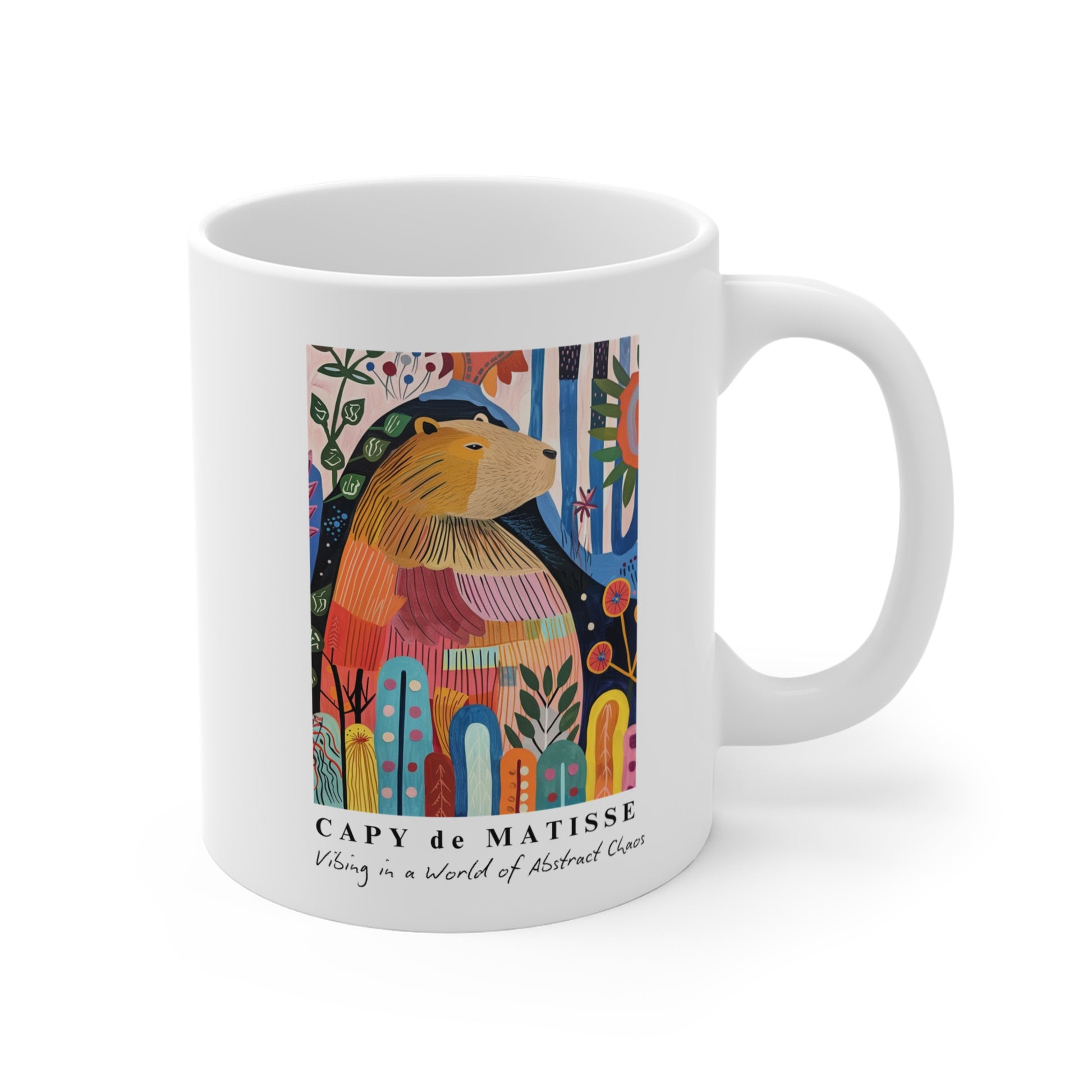 Capy de Matisse Capybara ceramic mug featuring a painting inspired by artist Henri Matisse, with a elegant capybara. Perfect for art lovers and capybara enthusiasts, creating a vibe of abstract chaos. Ideal for cozy mornings or artistic tea breaks. Relevant for art enthusiasts, animal lovers, and those who appreciate unique designs. Perfect for gifting on birthdays, Christmas, or as a thank you present.