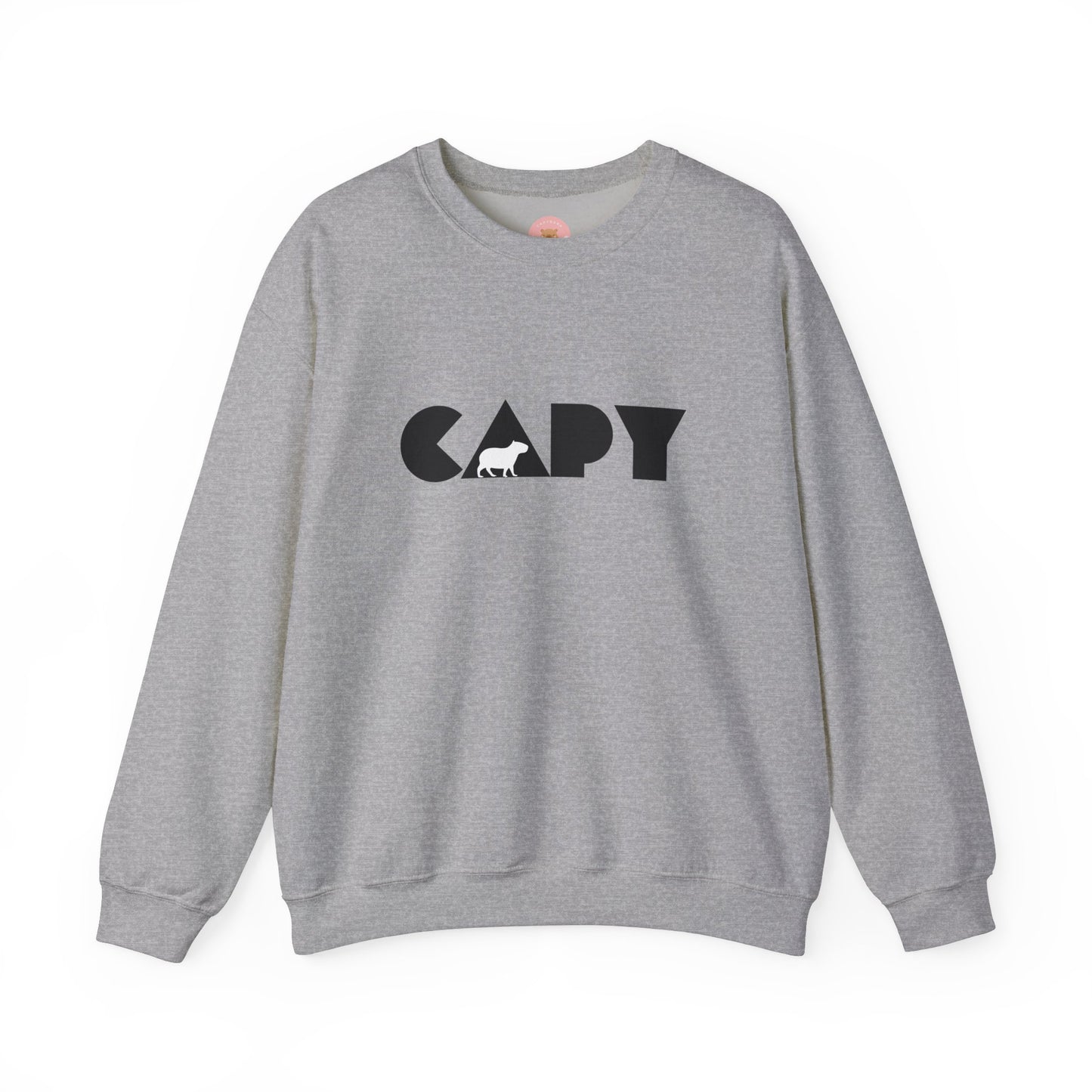 Capybara sweatshirt features the stylish plain text design of the word CAPY with a capybara graphic embedded. It offers a comfy wearing experience with a classic fit and crew neckline. Perfect for colder months, this sweatshirt is ideal for those who love unique and chill designs. The target audience includes individuals who enjoy cozy apparel with a touch of personality. Relevant for holidays, casual gatherings, and everyday wear.