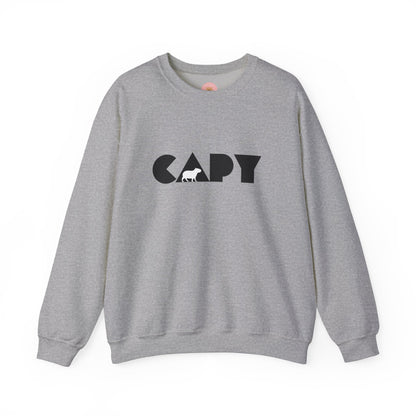 Capybara sweatshirt features the stylish plain text design of the word CAPY with a capybara graphic embedded. It offers a comfy wearing experience with a classic fit and crew neckline. Perfect for colder months, this sweatshirt is ideal for those who love unique and chill designs. The target audience includes individuals who enjoy cozy apparel with a touch of personality. Relevant for holidays, casual gatherings, and everyday wear.