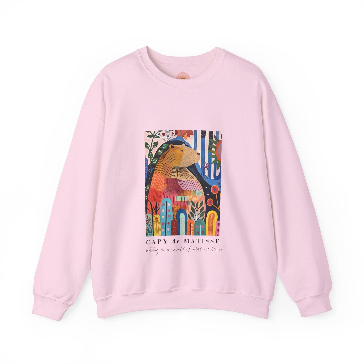 A cozy and stylish sweatshirt featuring a graphic of a painting inspired by artist Henri Matisse, with a capybara hidden within. Perfect for art lovers and capybara enthusiasts, this sweatshirt is ideal for colder months and provides a comfy fit with its classic crew neckline. Great for anyone looking to add a touch of artistic flair to their wardrobe.
