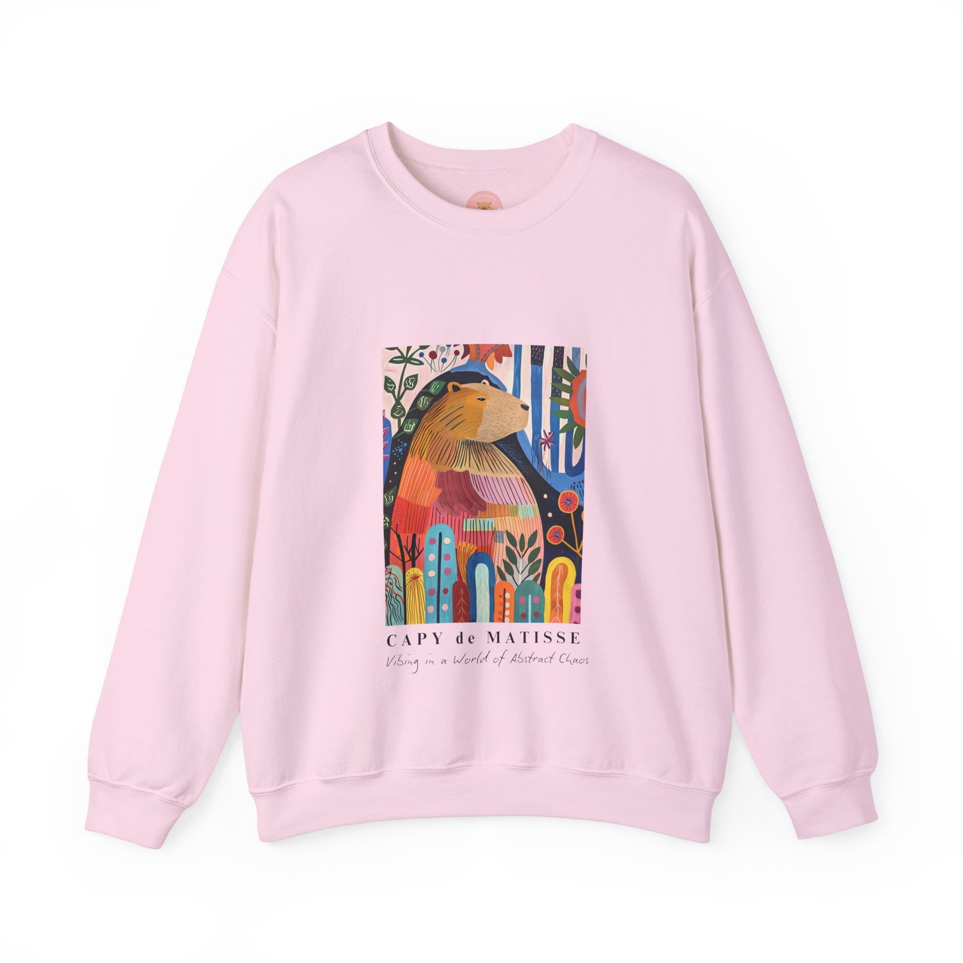A cozy and stylish sweatshirt featuring a graphic of a painting inspired by artist Henri Matisse, with a capybara hidden within. Perfect for art lovers and capybara enthusiasts, this sweatshirt is ideal for colder months and provides a comfy fit with its classic crew neckline. Great for anyone looking to add a touch of artistic flair to their wardrobe.
