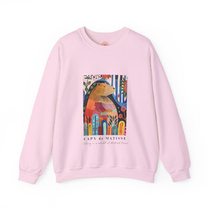 A cozy and stylish sweatshirt featuring a graphic of a painting inspired by artist Henri Matisse, with a capybara hidden within. Perfect for art lovers and capybara enthusiasts, this sweatshirt is ideal for colder months and provides a comfy fit with its classic crew neckline. Great for anyone looking to add a touch of artistic flair to their wardrobe.
