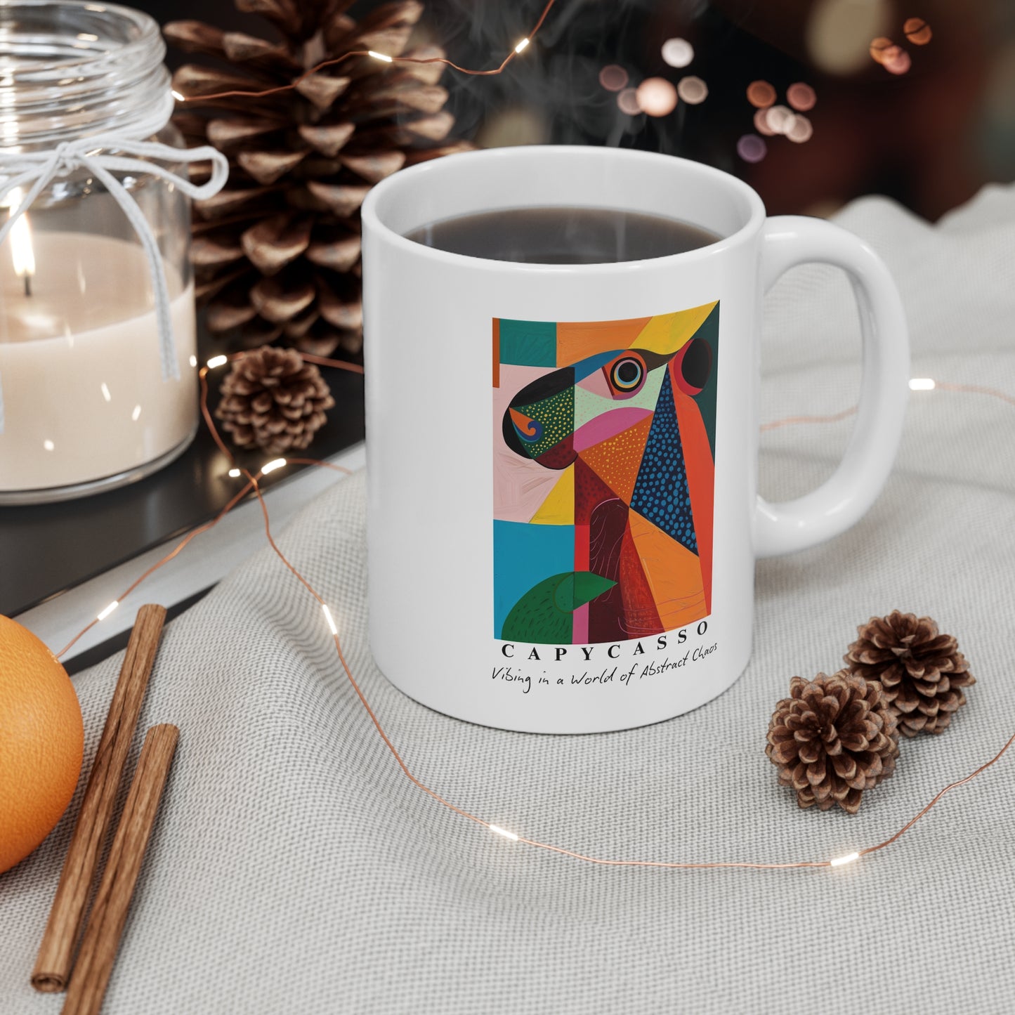 Capybara ceramic mug featuring a painting inspired by Pablo Picasso, with abstract forms and geometric shapes. Perfect for art lovers and capybara enthusiasts, creating a vibe of abstract chaos. Ideal for cozy mornings or artistic tea breaks. Relevant for art enthusiasts, animal lovers, and those who appreciate unique designs. Perfect for gifting on birthdays, Christmas, or as a thank you present.