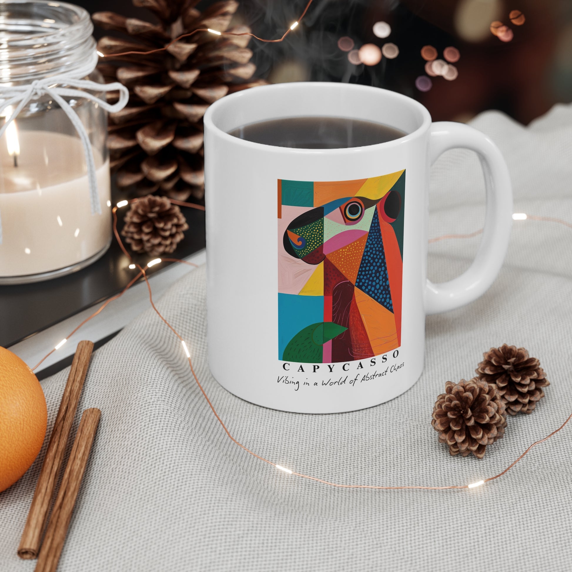 Capybara ceramic mug featuring a painting inspired by Pablo Picasso, with abstract forms and geometric shapes. Perfect for art lovers and capybara enthusiasts, creating a vibe of abstract chaos. Ideal for cozy mornings or artistic tea breaks. Relevant for art enthusiasts, animal lovers, and those who appreciate unique designs. Perfect for gifting on birthdays, Christmas, or as a thank you present.