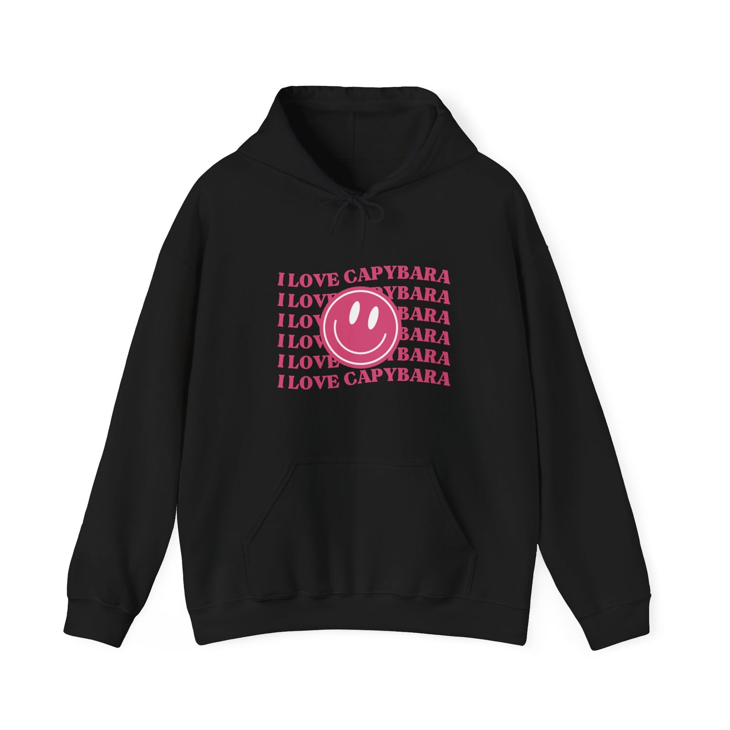 I Love Capybara hooded sweatshirt. This hoodies has a smiley face and is perfect for those who love calm vibes. Soft and comfy, it's an ideal choice for capybara lovers looking for a peaceful, stylish addition to their wardrobe.