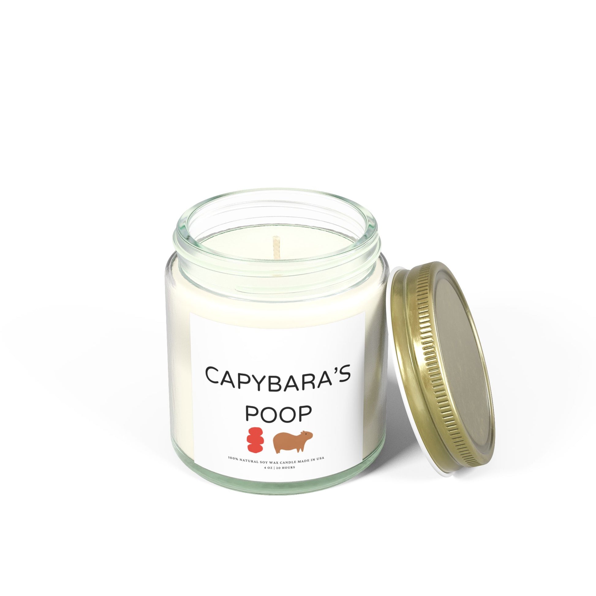 Funny candle gift with CAPYBARAS POOP label in simple style. Each candle is scented with Midnight Blackberry, Lavender, Fraser Fir, Cinnamon Chai, Cashmere Musk, Beachwood, Mango Coconut, and Vanilla Bean fragrances, offering up to 20 hours of burn time. Made with natural Coconut Apricot Wax in the USA, eco-friendly and non-toxic.