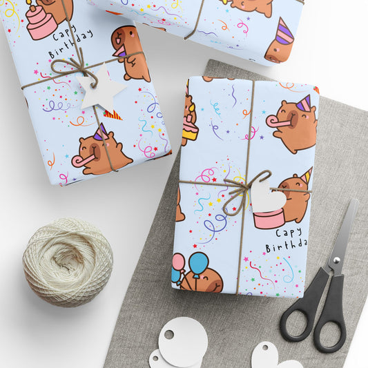 Capybara Birthday Gift Wrapping Paper (Light Blue)