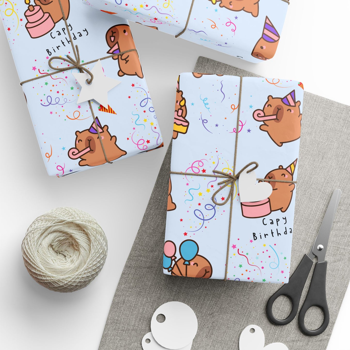 Capybara Birthday Gift Wrapping Paper (Light Blue)