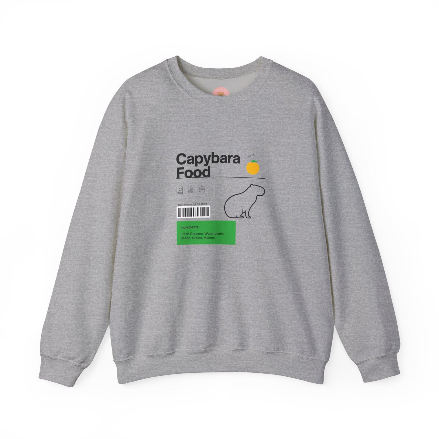 Capybara food label sweatshirt  featuring a capybara food label design with ingredients like fresh grasses, water plants, reeds, grains, and melon - perfect for capybara lovers.