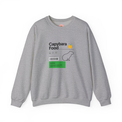 Capybara food label sweatshirt  featuring a capybara food label design with ingredients like fresh grasses, water plants, reeds, grains, and melon - perfect for capybara lovers.