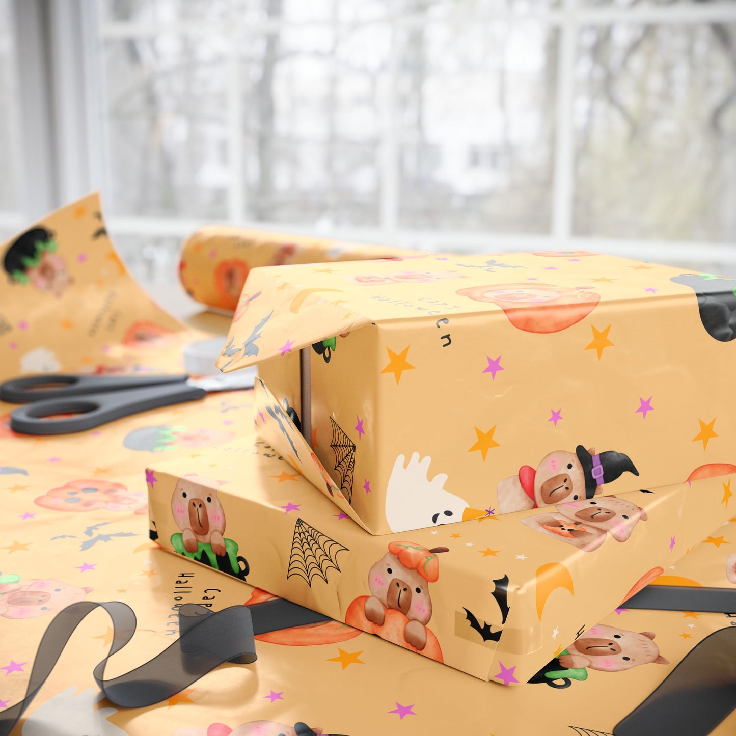 Halloween Capybara Gift Wrapping Paper, Spooky Season Wrap, Cute Pumpkin & Ghost Design, Fall Decorating, Party Supplies, Trick or Treat