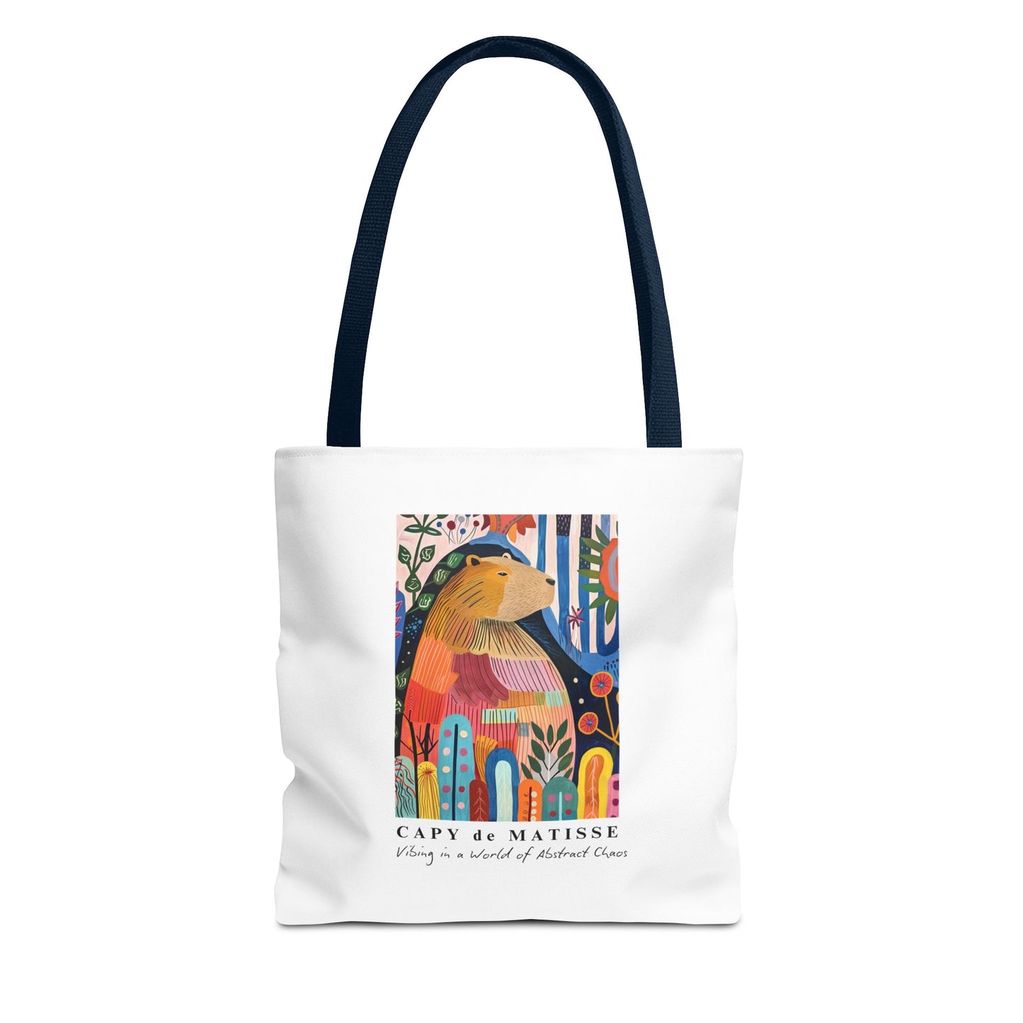 Capybara 13"x13" tote bag featuring a graphic of a painting inspired by artist Henri Matisse, with a hidden capybara. Perfect for art lovers and capybara enthusiasts, this tote bag adds a touch of artistic flair to your everyday errands. Great for carrying books, groceries, or daily essentials. Ideal for art enthusiasts, animal lovers, and those looking to add a pop of creativity to their style. Perfect for gifting on birthdays, holidays, or as a treat for yourself.