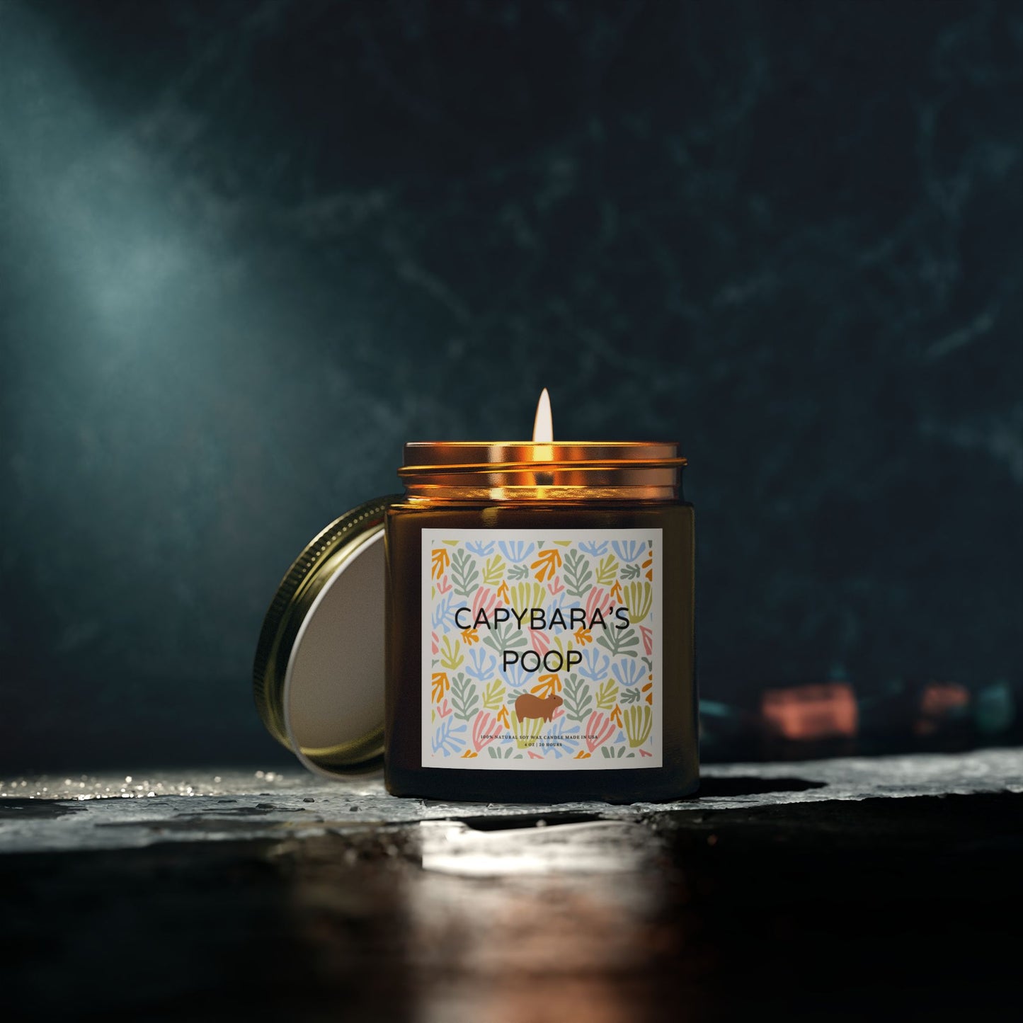 Funny candle gift with CAPYBARAS POOP label in Matisse style. Each candle is scented with Midnight Blackberry, Lavender, Fraser Fir, Cinnamon Chai, Cashmere Musk, Beachwood, Mango Coconut, and Vanilla Bean fragrances, offering up to 20 hours of burn time. Made with natural Coconut Apricot Wax in the USA, eco-friendly and non-toxic.