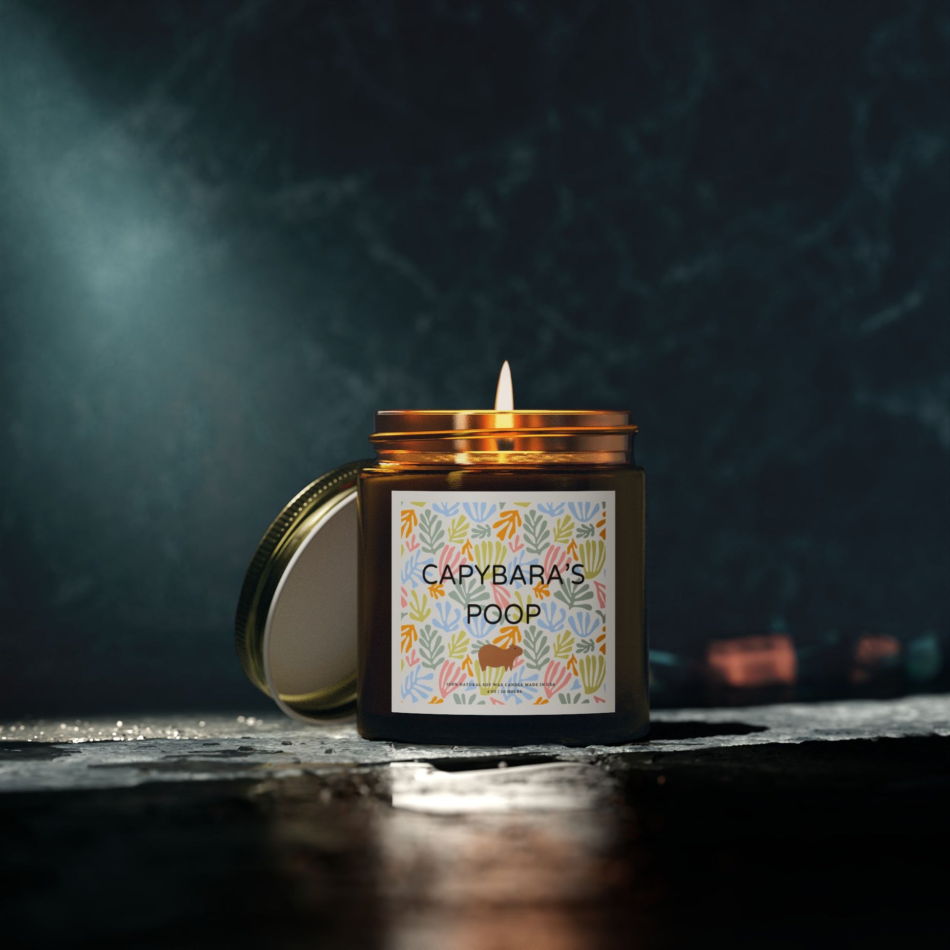 Funny candle gift with CAPYBARAS POOP label in Matisse style. Each candle is scented with Midnight Blackberry, Lavender, Fraser Fir, Cinnamon Chai, Cashmere Musk, Beachwood, Mango Coconut, and Vanilla Bean fragrances, offering up to 20 hours of burn time. Made with natural Coconut Apricot Wax in the USA, eco-friendly and non-toxic.